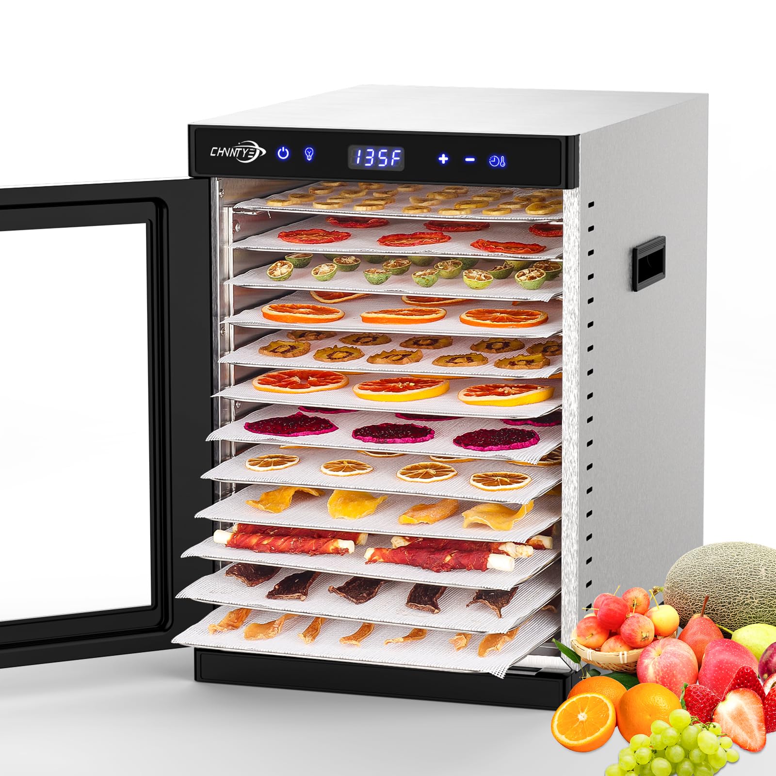12-Tray Stainless Steel Food Dehydrator with Dual Fans | 1200W Fast Drying | Adjustable Timer & Precise Temperature Control | Perfect for Jerky, Fruits, Herbs & Pet Treats | Commercial & Home Use