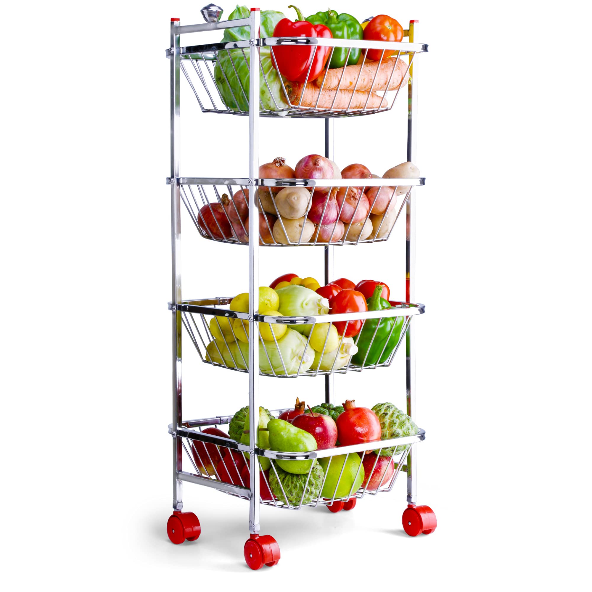 LiMETRO 4-Tier Stainless Steel Kitchen Cart - Vegetable & Fruit Storage Basket Organizer for Onions, Potatoes, Pantry - Space Saving Rolling Trolley for Kitchen, Dining Room, Supermarket, Restaurant