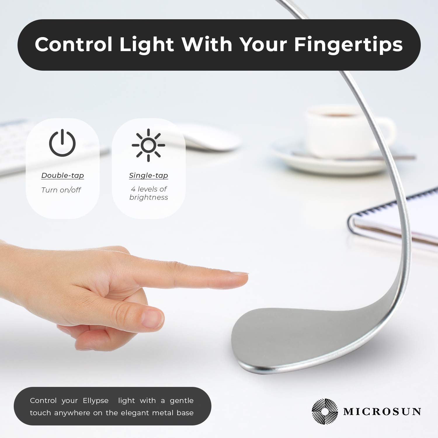 Ellypse LED Desk Lamp with Capacitive Touch - 4 Adjustable Light Levels, Dimmable, Aerospace Aluminum (Silver) - Perfect for Home Office, Study, Reading & Nightstand Use
