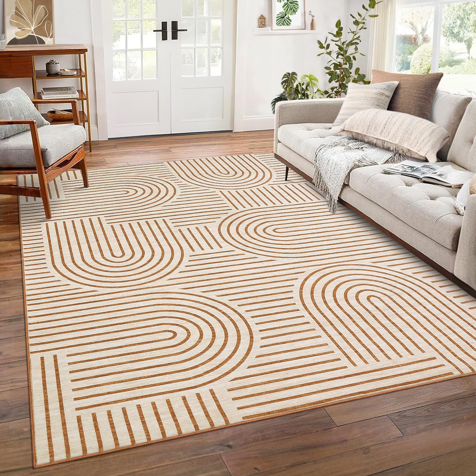 Washable 8x10 Area Rug - Non-Slip Soft Rainbow Boho Geometric Carpet for Living Room, Bedroom & Dining Room | Low Pile Stain Resistant Abstract Design with Rubber Backing | Perfect for Home Decor, Kids Play Area & High Traffic Spaces (Orange)