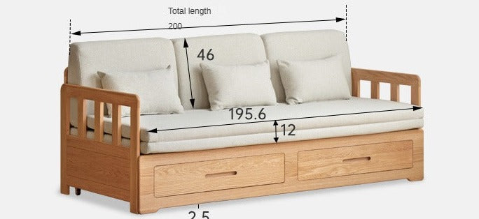 Solid Oak Wood Sofa Bed with Folding & Retractable Storage | Convertible Sleeper for Small Spaces, Guest Rooms & Apartments
