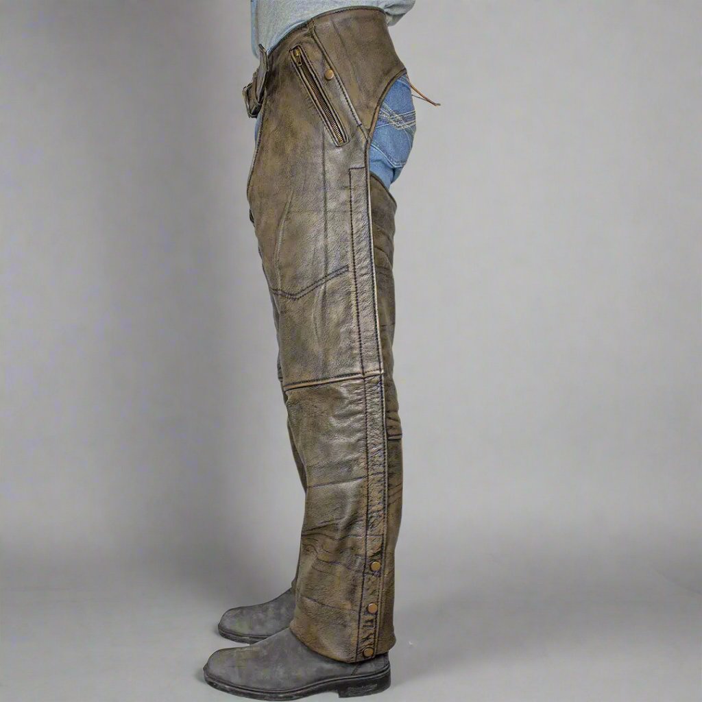 Open Road Men's Distressed Brown 4-Pocket Premium Leather Chaps for Motorcycle Riding, Biker Fashion & Cowboy Style