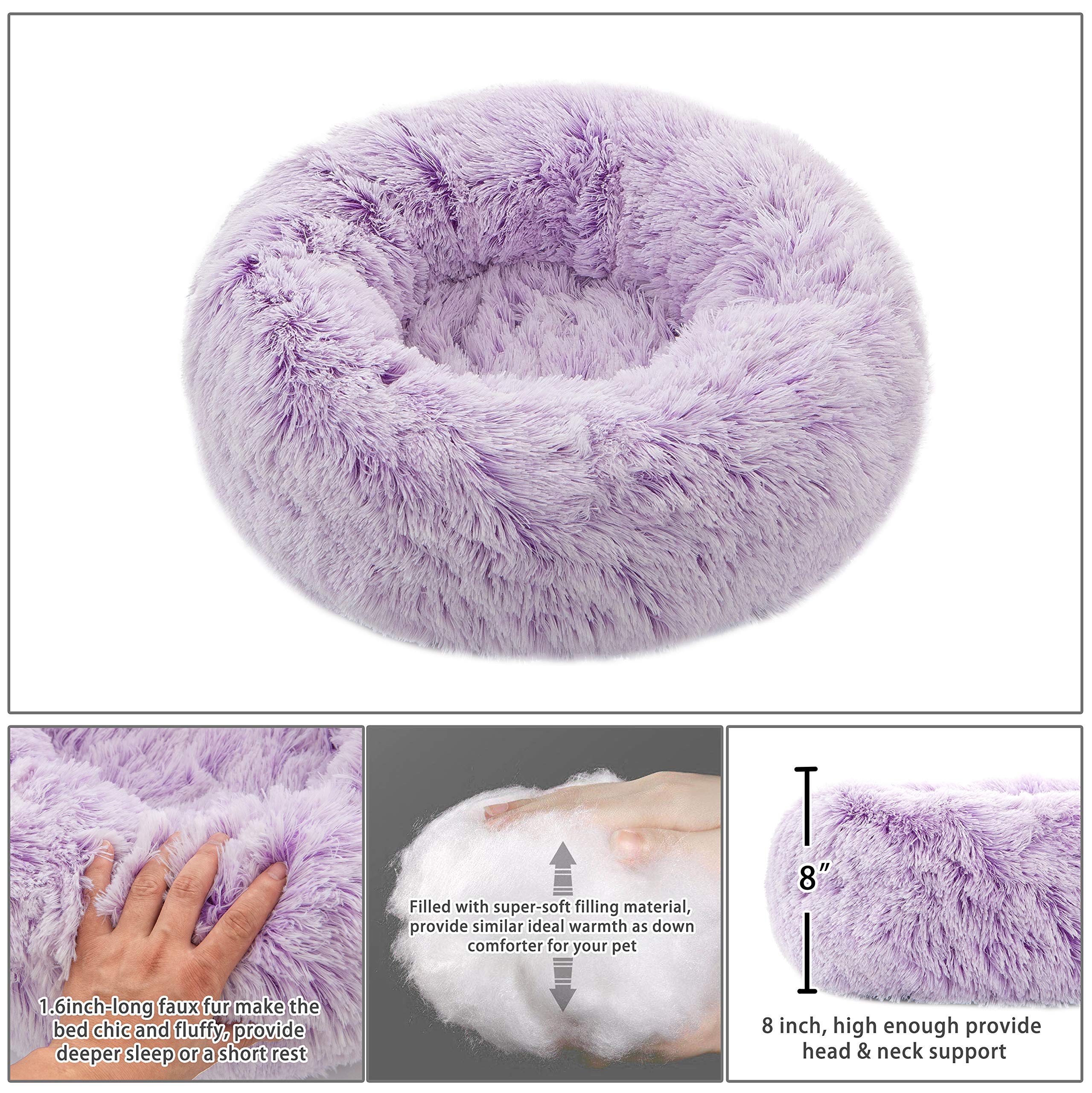Calming Donut Dog Bed Medium - Plush Round Anti-Anxiety Pet Bed for Dogs & Cats, Soft Faux Fur Marshmallow Cushion (24 Inch, Purple) - Perfect for Anxious Pets, Crate Training, and Cozy Napping Spots