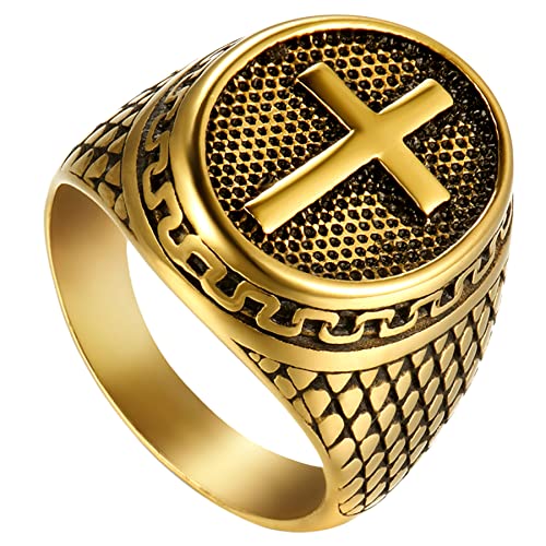 **Men's Punk Cross Ring - Gold Plated Stainless Steel Vintage Band (Size 7-15) - Perfect for Christmas Gifts, Gothic Fashion & Rocker Style**