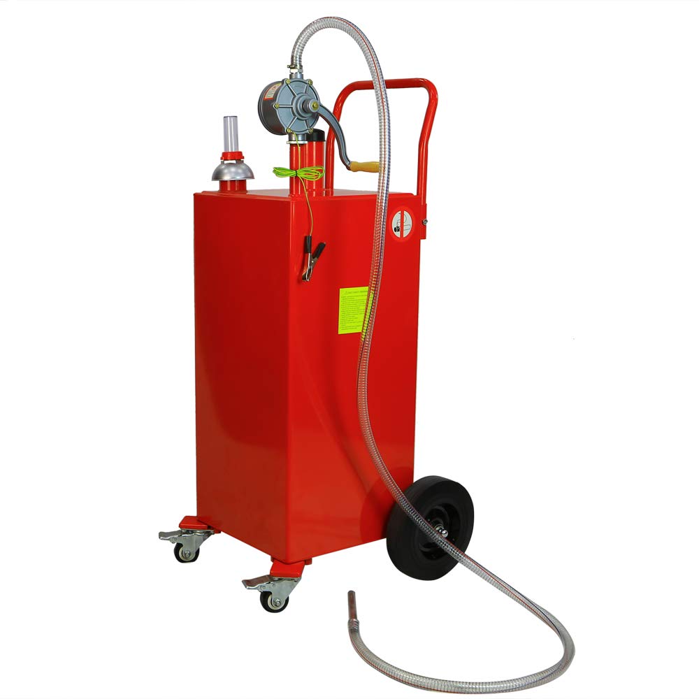 AutoForever 30 Gallon Portable Gas Caddy - Heavy Duty Fuel Transfer Tank for Gasoline & Diesel - Rotary Hand Pump & 4-Wheel Design - Ideal for Cars, Trucks, ATVs, Mowers, Tractors & Farm Equipment (Red) - Perfect for Emergency Fuel Storage, Construction Sites & Off-Road Adventures