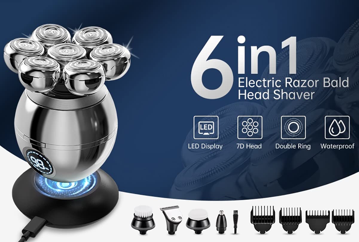 7D Electric Razor for Men - 6-in-1 Wet/Dry USB Rechargeable Head Shaver & Bald Clipper Trimmer | Perfect for Travel, Gym & Home Grooming