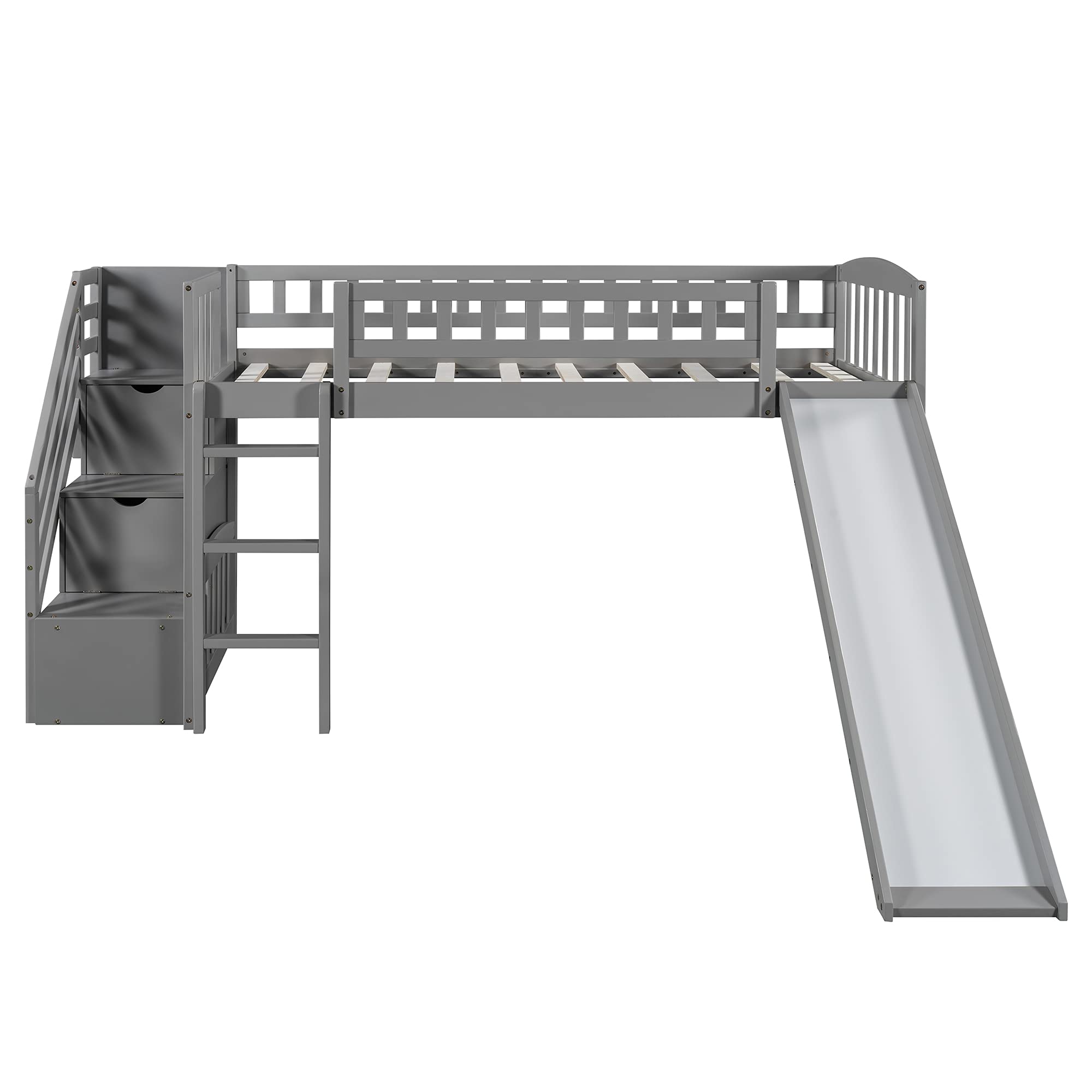 Harper & Bright Designs Twin Size Wooden Loft Bed with Slide, Stairway & Storage - Low Bunk Bed for Kids, Girls & Boys (Gray) - Perfect for Small Bedrooms, Playrooms & Kids' Spaces