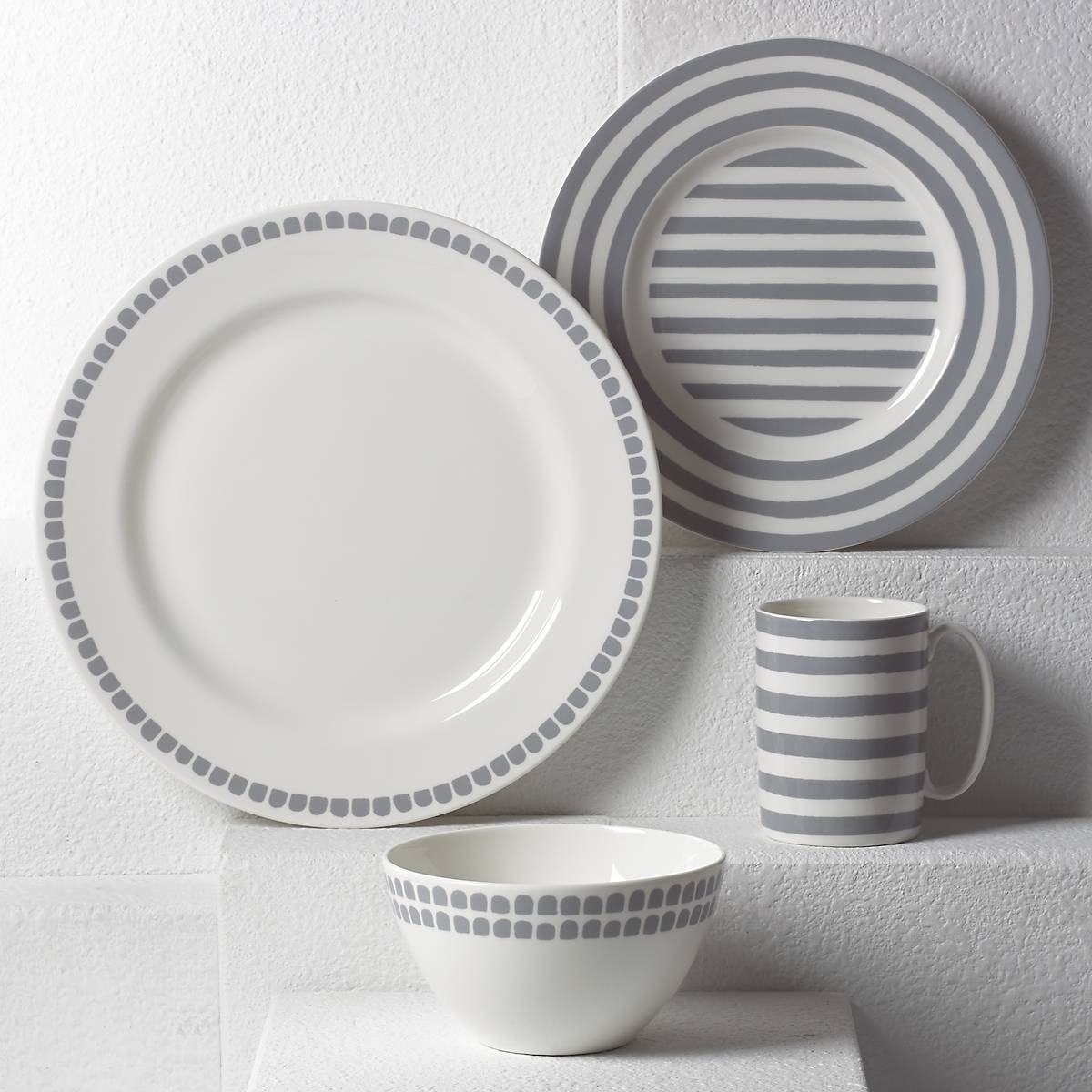 Charlotte Street Grey 4-Piece Dinnerware Set - Elegant Stoneware Plates, Bowls, Cups & Saucers for Formal Dining & Entertaining