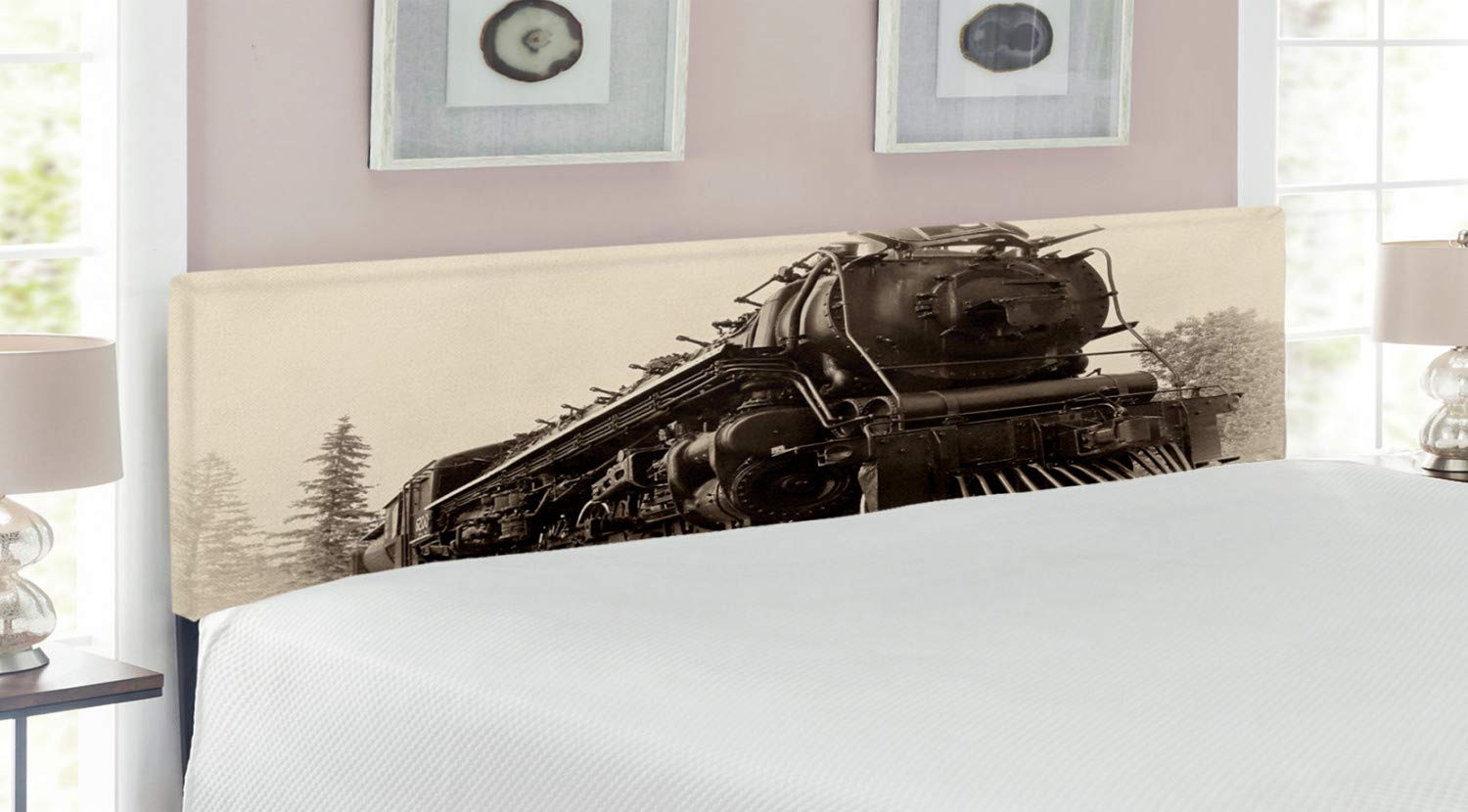 Ambesonne Vintage Steam Engine Headboard - Antique Northern Express Train Canada Railways Photo Print, Upholstered Metal Bed Frame with Memory Foam - King Size Black Grey Headboard for Train Enthusiasts & Bedroom Decor