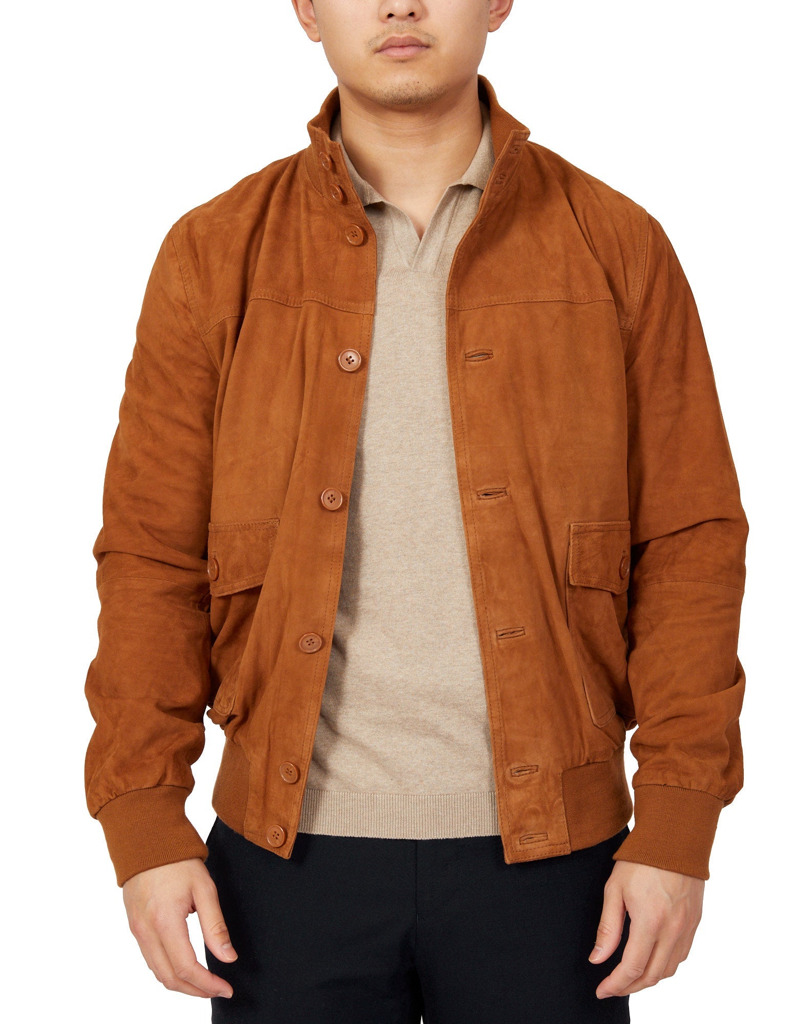 MCKINNON Suede Leather Button Bomber Jacket for Men - Classic Tan Brown Outerwear for Casual & Streetwear Style | Perfect for Fall, Winter & Night Out