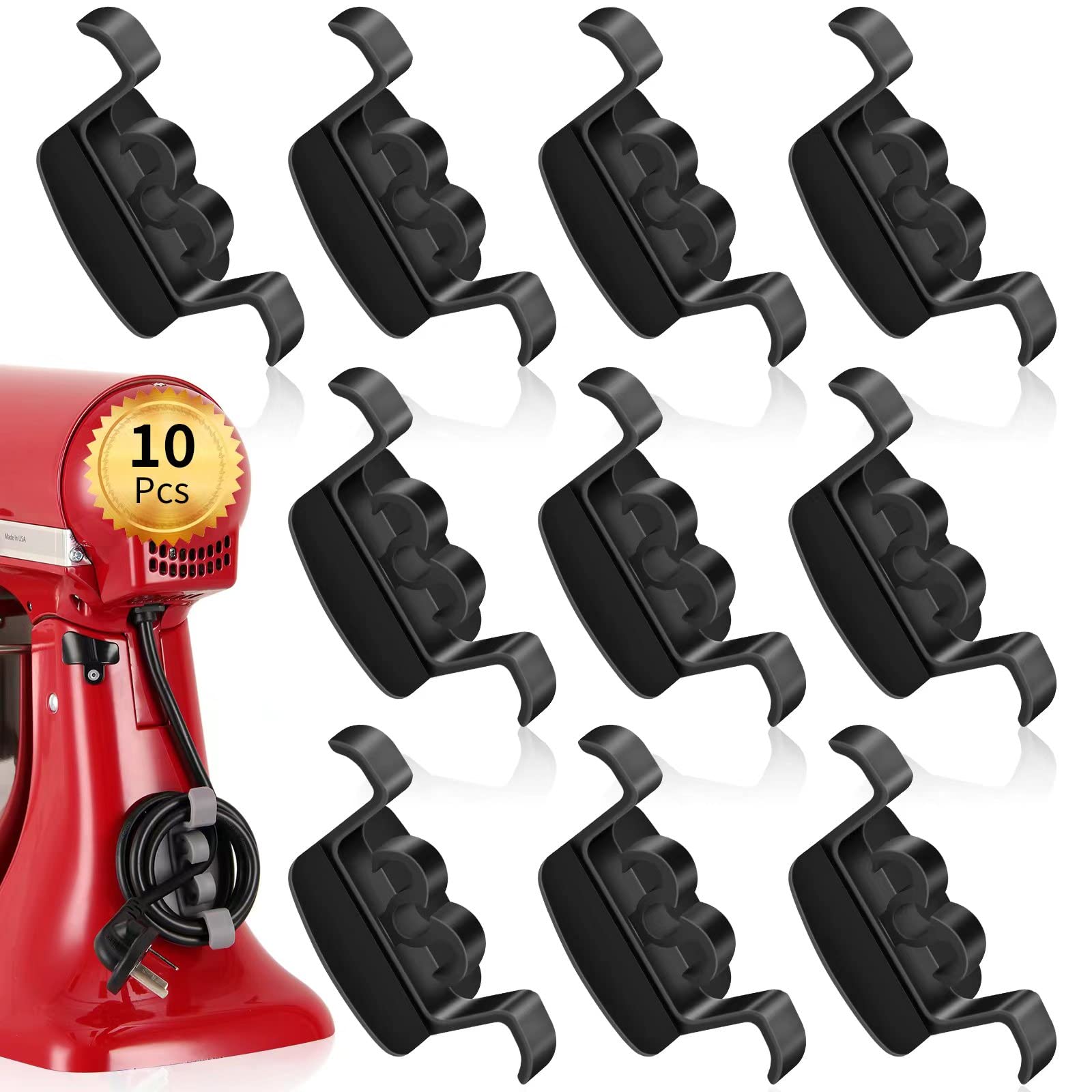 10 Pack Upgraded Cord Organizer for Appliances - Stick On Cord Keeper, Winder & Holder for Mixer, Blender, Coffee Maker, Toaster, Juicer - Perfect for Kitchen Counter & Home Office Organization (Black)
