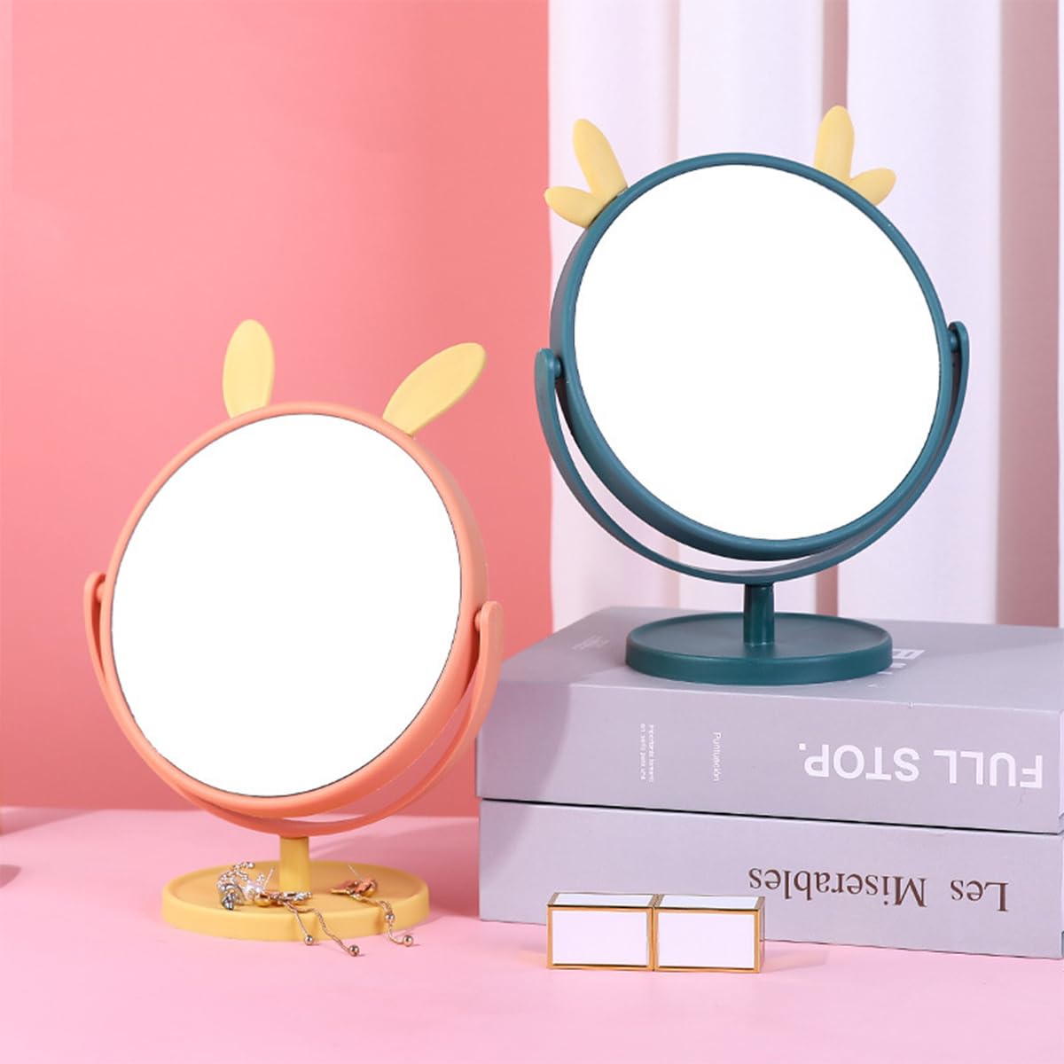 Leeonz Round Vanity Makeup Mirror with Stand - Wall Mount or Desktop Plastic Mirror with Cute Rabbit Ears (Pink & Yellow) for Bathroom, Bedroom, Dorm Room Decor