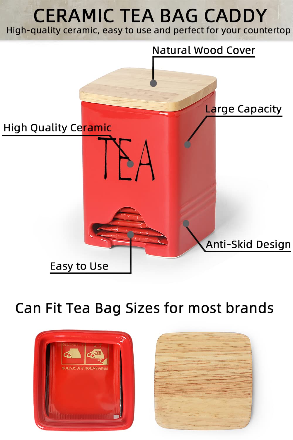 Farmhouse Ceramic Tea Bag Storage Organizer with Lid - Red | Airtight Tea Bag Holder for Kitchen Countertop, Pantry & Office | Perfect for Loose Leaf Tea, Herbal Tea & Coffee Pods
