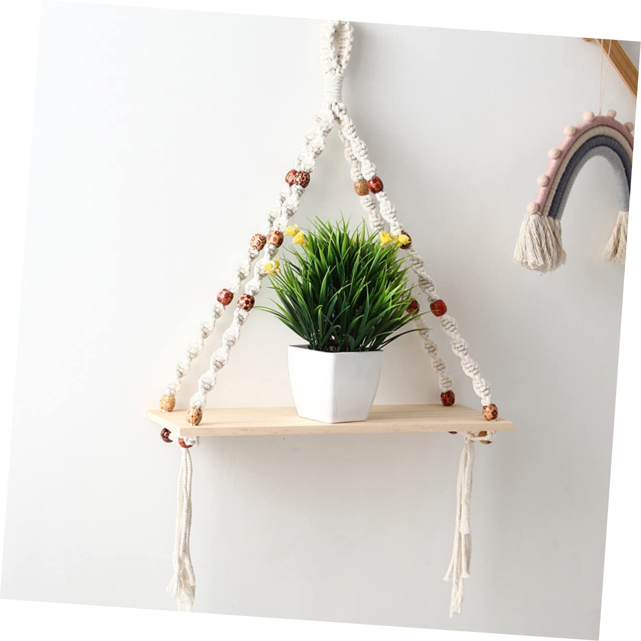 WHAMVOX Handmade Cotton Rope Storage Rack with Wooden Board - Minimalist Home Decor Organizer for Bathroom, Kitchen & Bedroom Organization