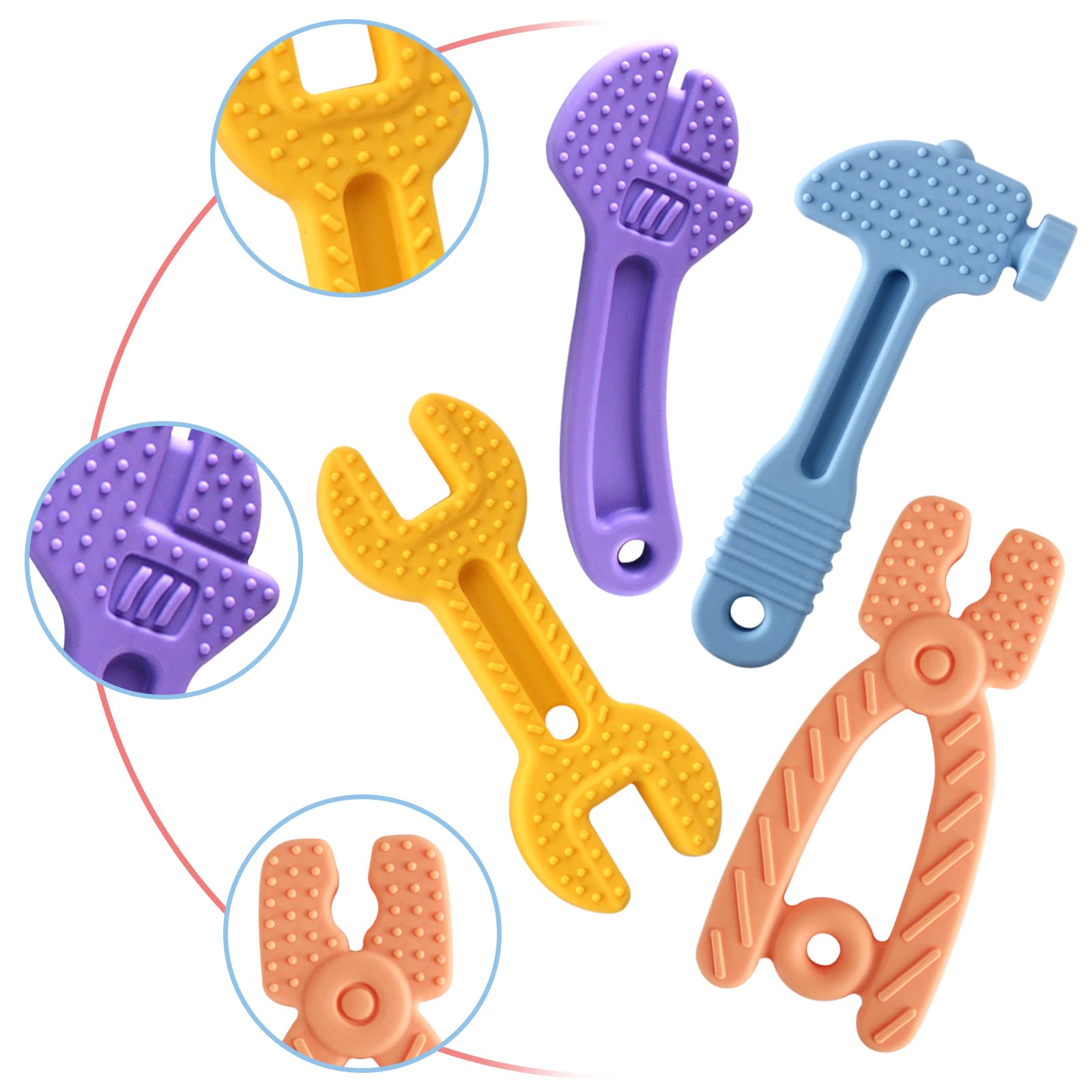 Chuya Baby Teether Toys - Soft BPA-Free Silicone Teething Toys for Infants 3-12 Months | Safe Chew Toy Set with Hammer & Wrench Design | Easy to Hold & Clean (4-Pack) - Perfect for Soothing Sore Gums During Teething & On-the-Go Comfort