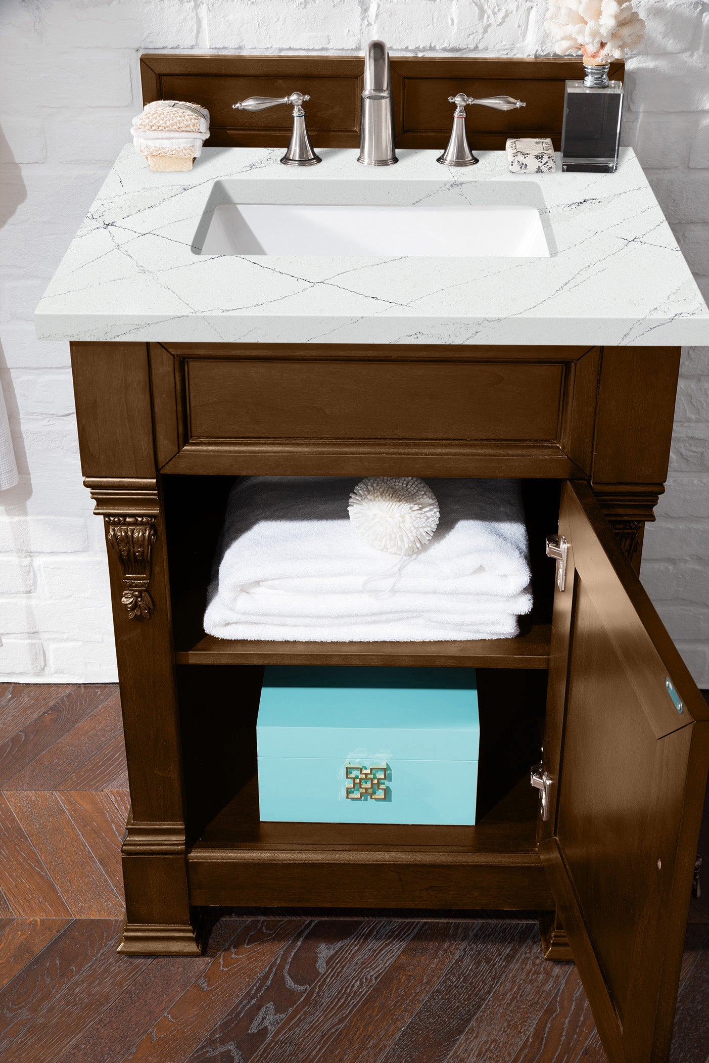 Brookfield 26 Inch Single Bathroom Vanity with Country Oak Finish & 3CM Ethereal Noctis Quartz Countertop - Perfect for Modern Farmhouse & Rustic Bathroom Decor