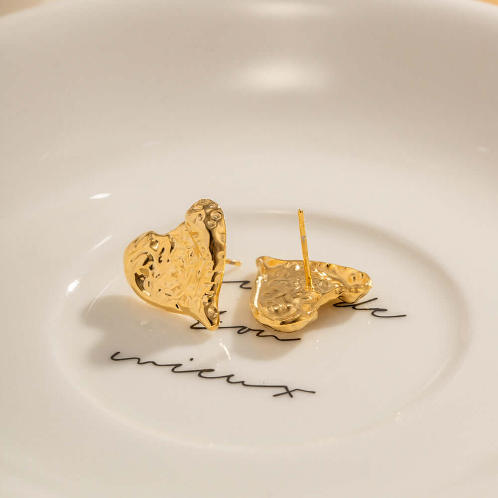 Minimalist Engraved Texture 18K Gold Plated Heart Stud Earrings for Women | JDE033 | Perfect for Valentine's Day, Anniversary Gifts & Everyday Elegance