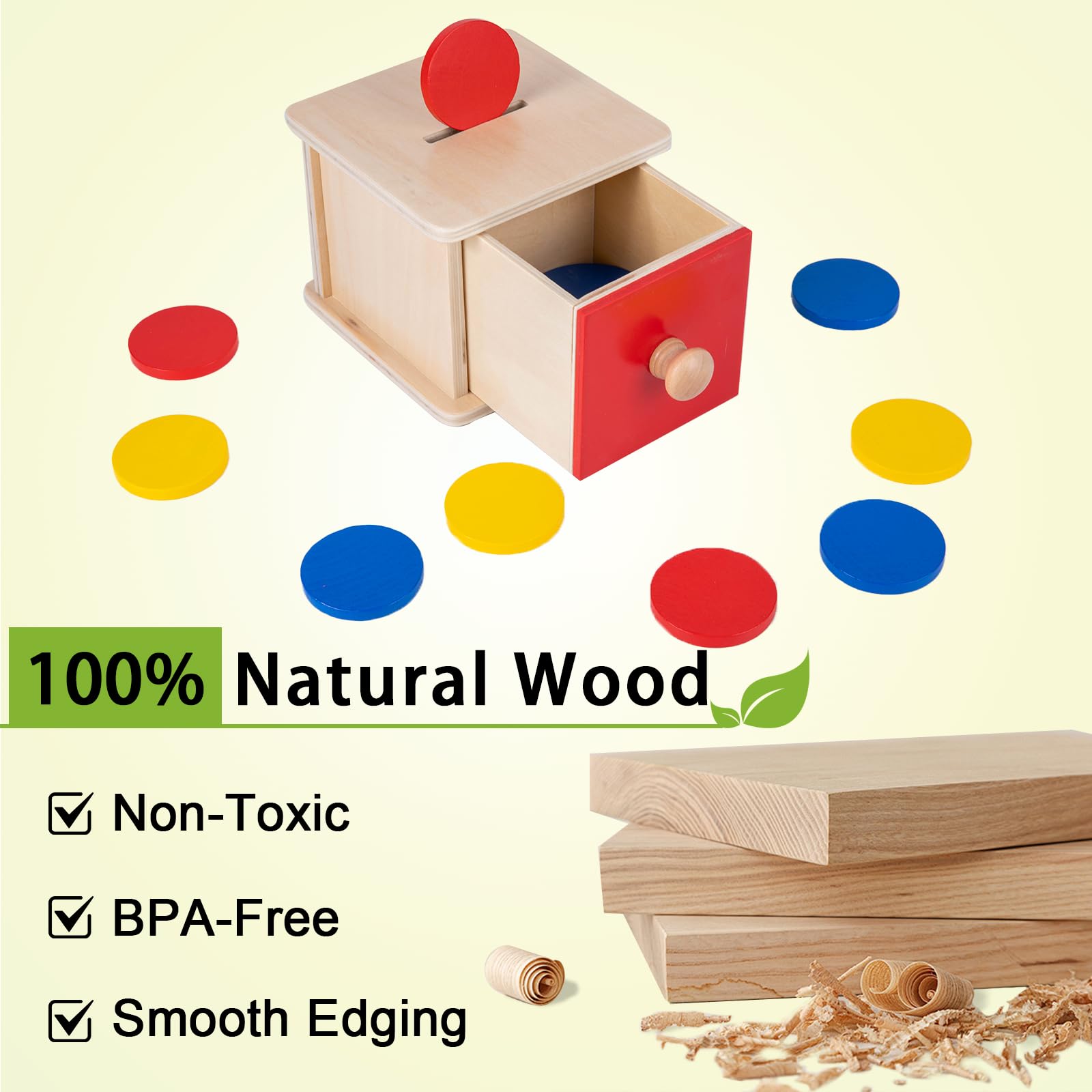 Adena Montessori Coin Lock Box - 2 in 1 Wooden Object Permanence Box with Coins for Babies 6-12 Months | Early Learning Toy for Problem Solving Skills | Perfect Gift for 1 Year Old Toddlers | Great for Montessori Classroom & Home Playtime