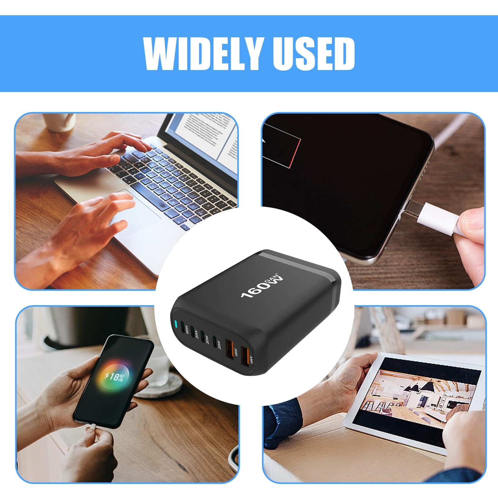 160W 6-Port USB Fast Charger with 4C2A Ports | Universal 110-240V Desktop Charging Station for Multiple Devices | Perfect for Home Office, Dorm Room & Travel | Charge Laptops, Tablets, Phones, Headphones & More
