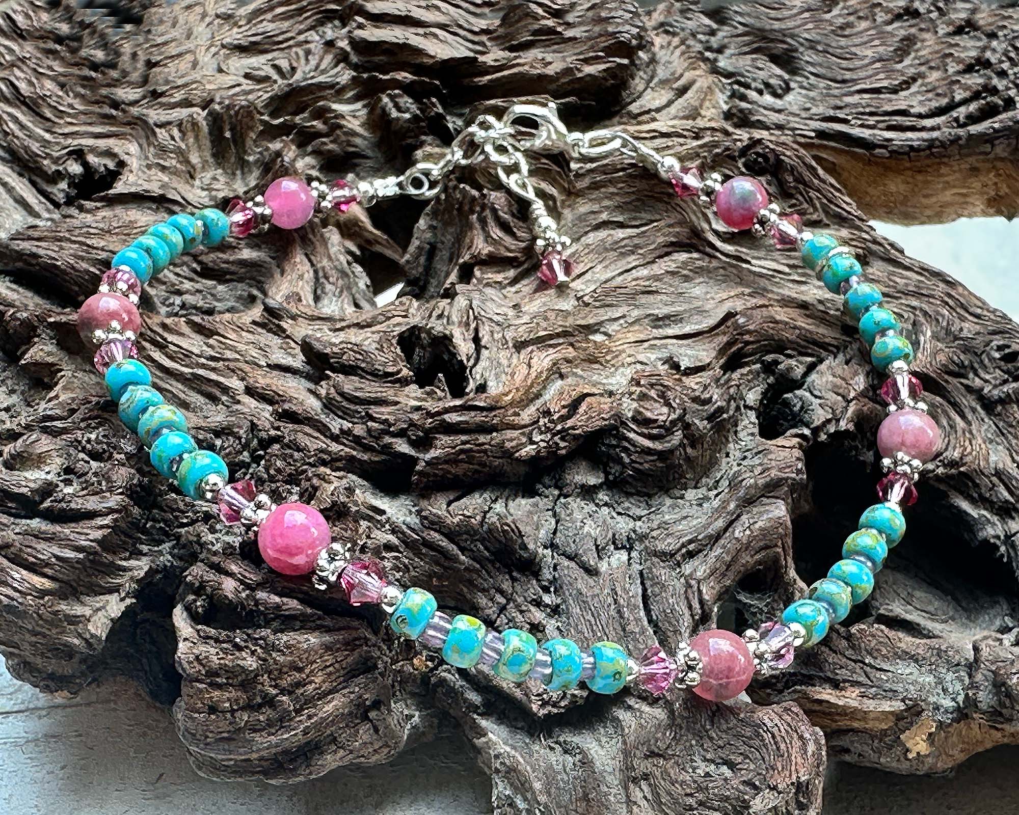 10 Turquoise Pink Rhodonite Gemstone Beaded Anklet - Handmade Boho Chic Adjustable Ankle Bracelet for Women, Yoga, Beach & Festival Fashion Accessory