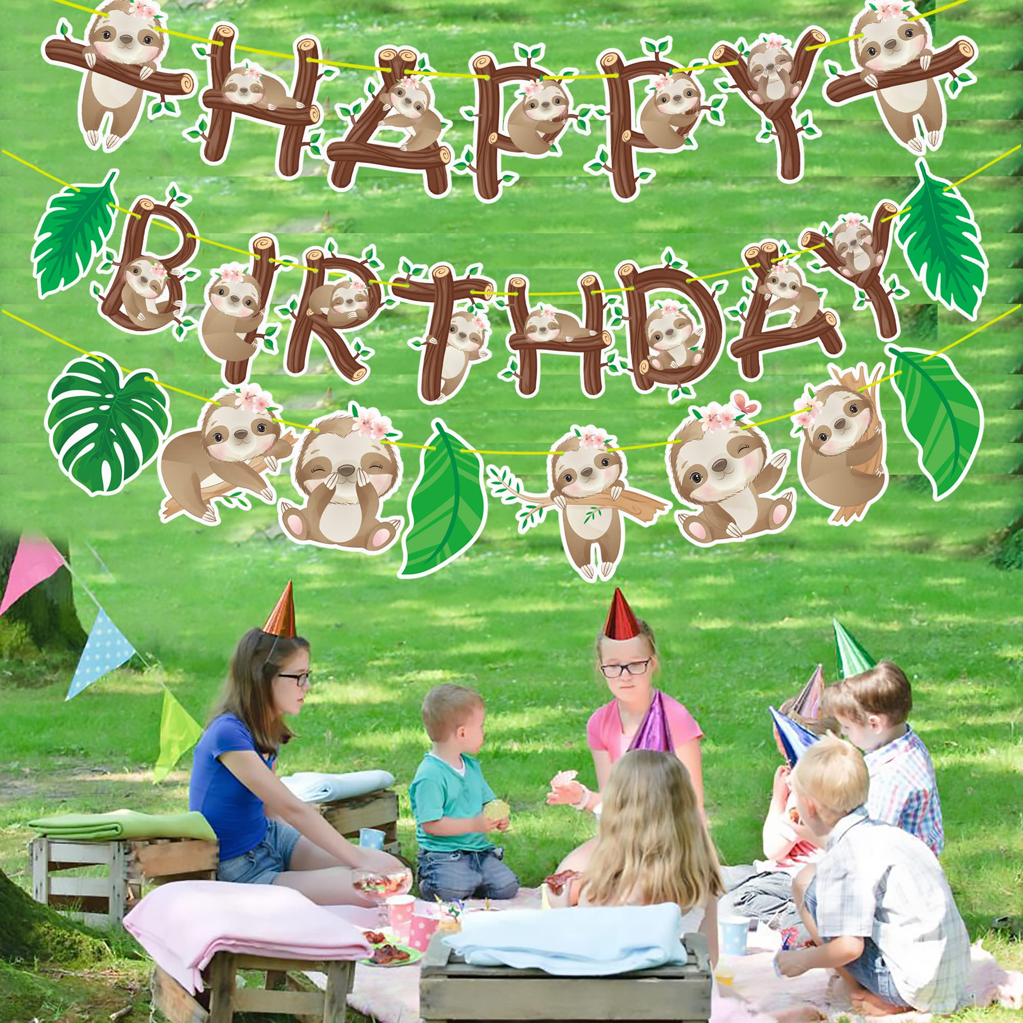 Cute Sloth Birthday Party Decorations - Happy Birthday Banner & Garland for Sloth Theme Parties, Baby Showers - Perfect for Jungle Themed Celebrations and Kids Room Decor
