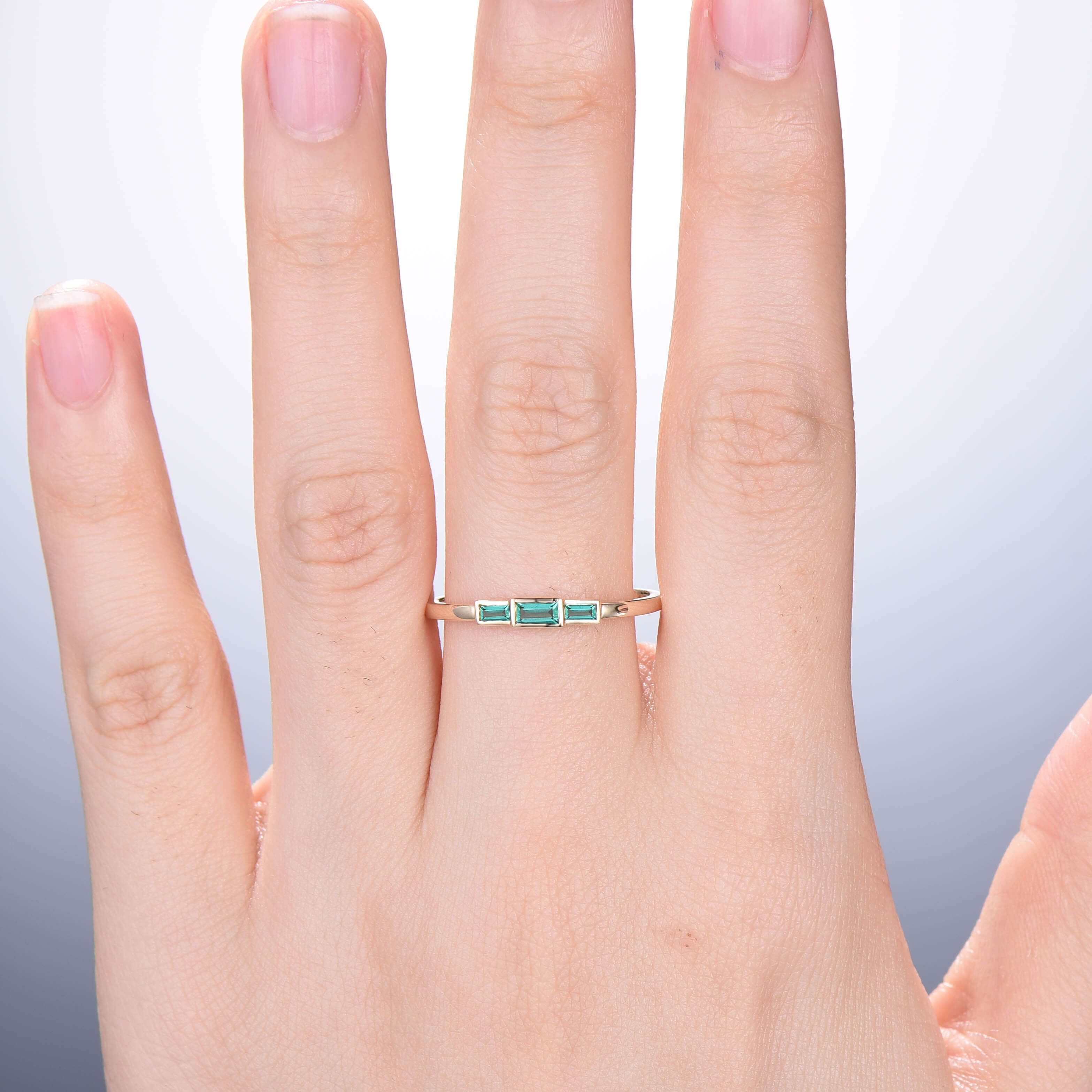 Bezel Set Baguette Emerald Wedding Ring - 3 Stone Green Gemstone Promise Ring, Minimalist Stacking Dainty Ring for Women - Perfect Birthstone Anniversary Gift for Her - Ideal for Engagement, Proposal, Valentine's Day & Special Occasions