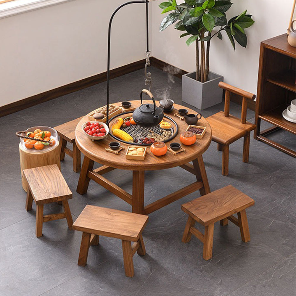 Elm Wood Round Tea Table with Built-in Electric Stove - Rustic Coffee Table for Living Room, Perfect for Tea Parties and Cozy Gatherings