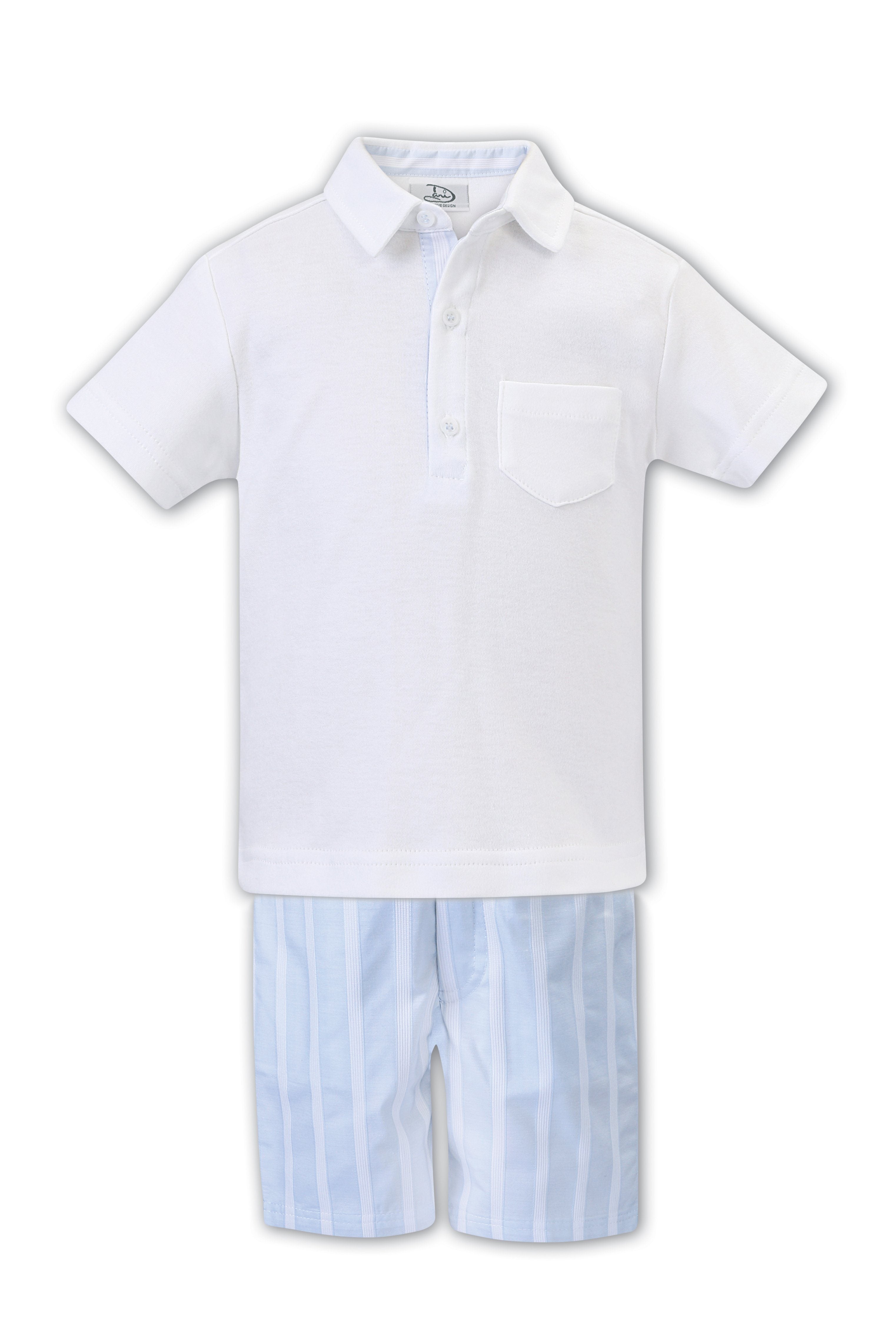 Jacob White & Blue Striped Men's Shorts & Polo Shirt Set - Casual Summer Outfit for Beach, Golf & Outdoor Activities