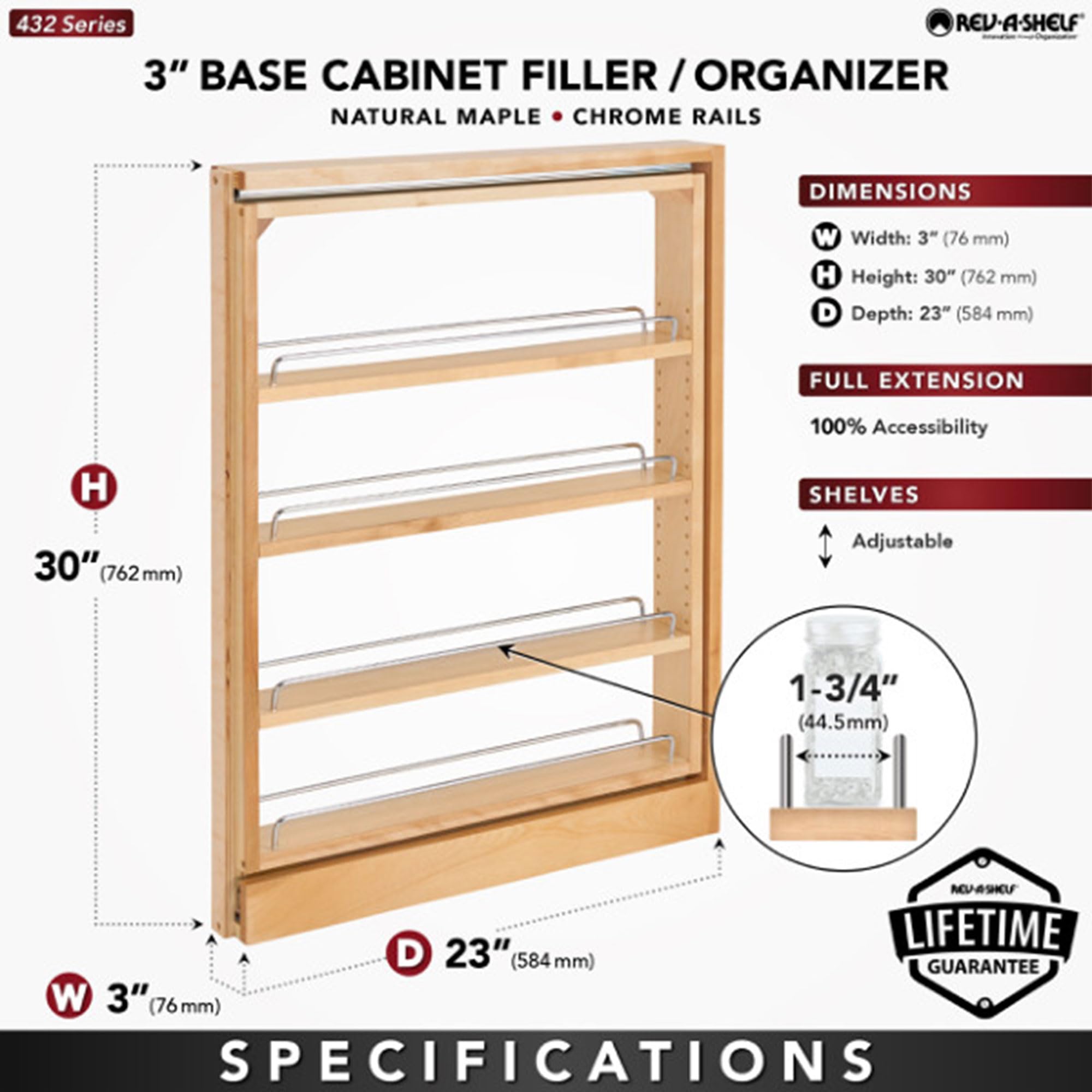 Rev-A-Shelf Pullout Shelf Organizer for Kitchen & Bathroom Cabinets - Wooden Pantry Storage & Spice Rack - Maple Finish - 3