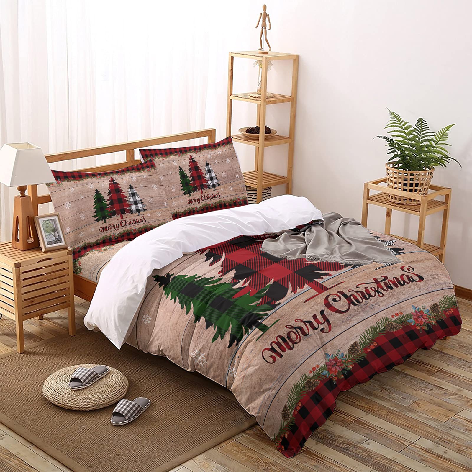 4-Piece King Size Christmas Plaid Pine Tree Duvet Cover Set - Soft Wood Grain Bedding with Zipper (1 Duvet Cover, 1 Flat Sheet, 2 Pillowcases) - Perfect for Holiday Decor, Winter Bedroom & Cozy Seasonal Home Styling