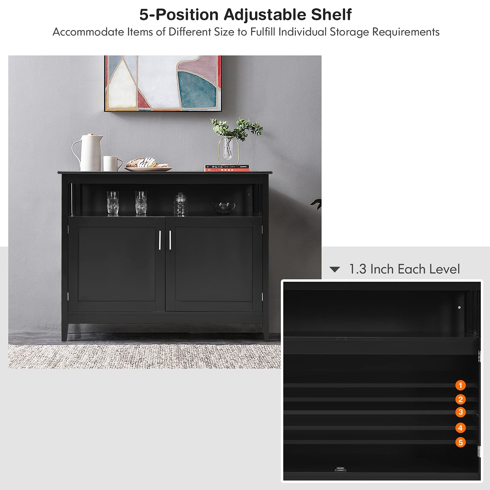 Modern Kitchen Storage Sideboard Buffet Cabinet with Open & Adjustable Shelves - Space Saving Organizer for Kitchen, Living Room & Dining Room - Perfect for Small Spaces & Home Decor (Black)
