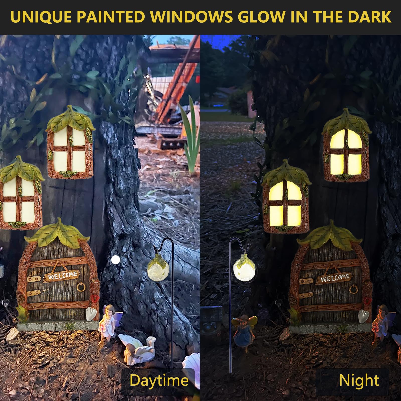 Glow in The Dark Fairy Garden Accessories - Miniature Fairy Doors & Windows for Trees, Outdoor Lawn Ornaments & Yard Decor with Lantern | Perfect for DIY Fairy Gardens, Backyard Landscaping & Magical Nighttime Displays