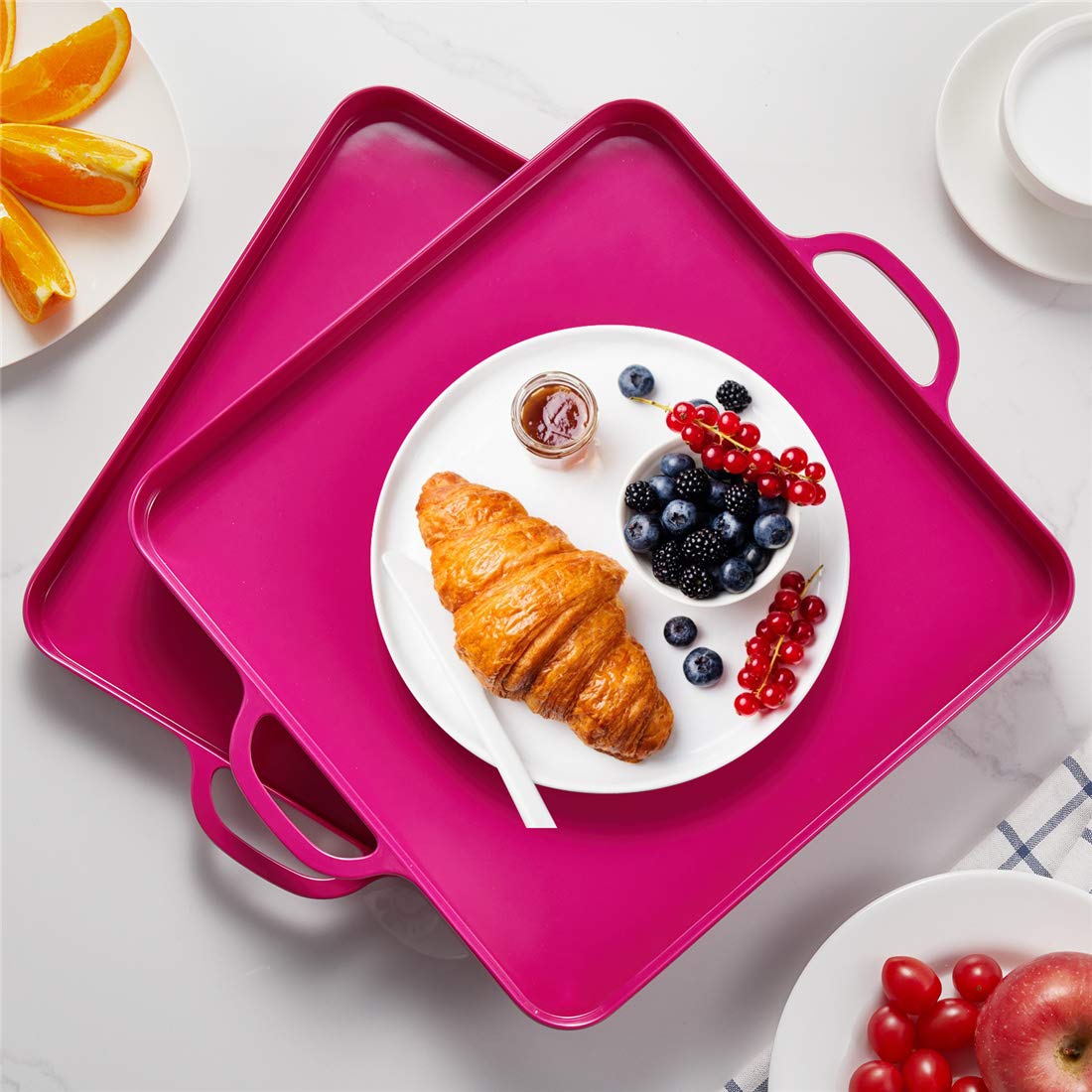Square Melamine Serving Trays with Handles - Set of 2, 12.5x12.5 Inch Spill-Proof Hot Pink Kitchen Trays for Cafeteria, Cafe, Restaurant - Perfect for Appetizers, Desserts, Snacks, Breakfast, Lunch & Dinner - Durable & Stylish for Home or Commercial Use