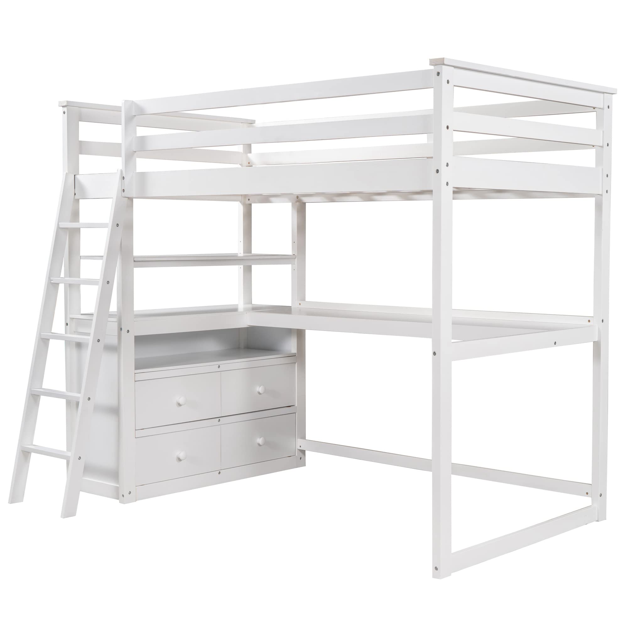 Twin Size Wood Loft Bed with Desk, Shelves & Storage Drawers - Sturdy Study Bed Frame for Kids, Teens & Adults - Perfect for Small Bedrooms, Dorm Rooms & Home Offices (White)
