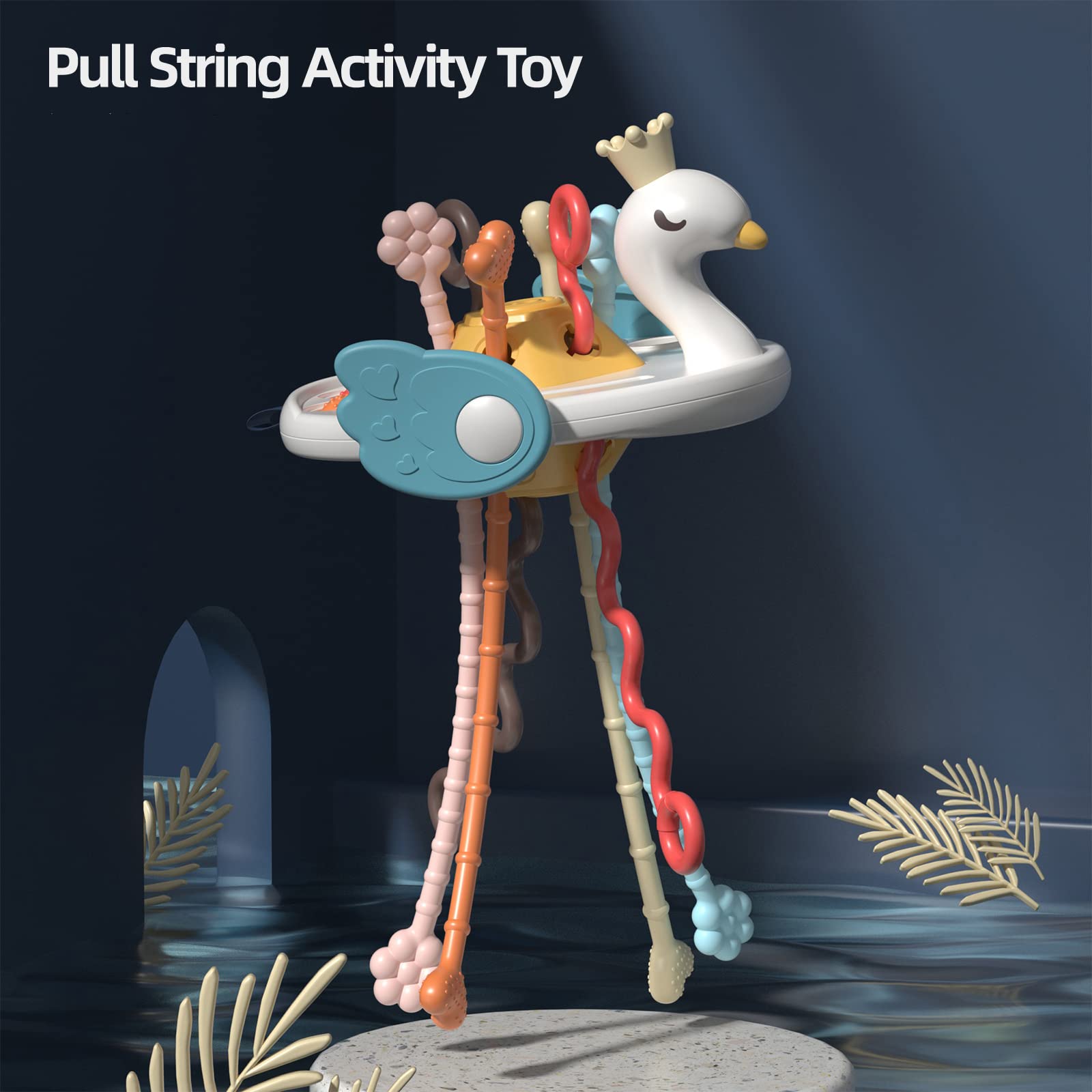 Montessori Baby Pull String Activity Toy with Bubble Pop & Teether - Silicone Sensory Toys for Toddlers 1-3 Years, Motor Skills Rattle for Infants, Perfect Travel Toy & Gift for 12+ Months (Swan Design)