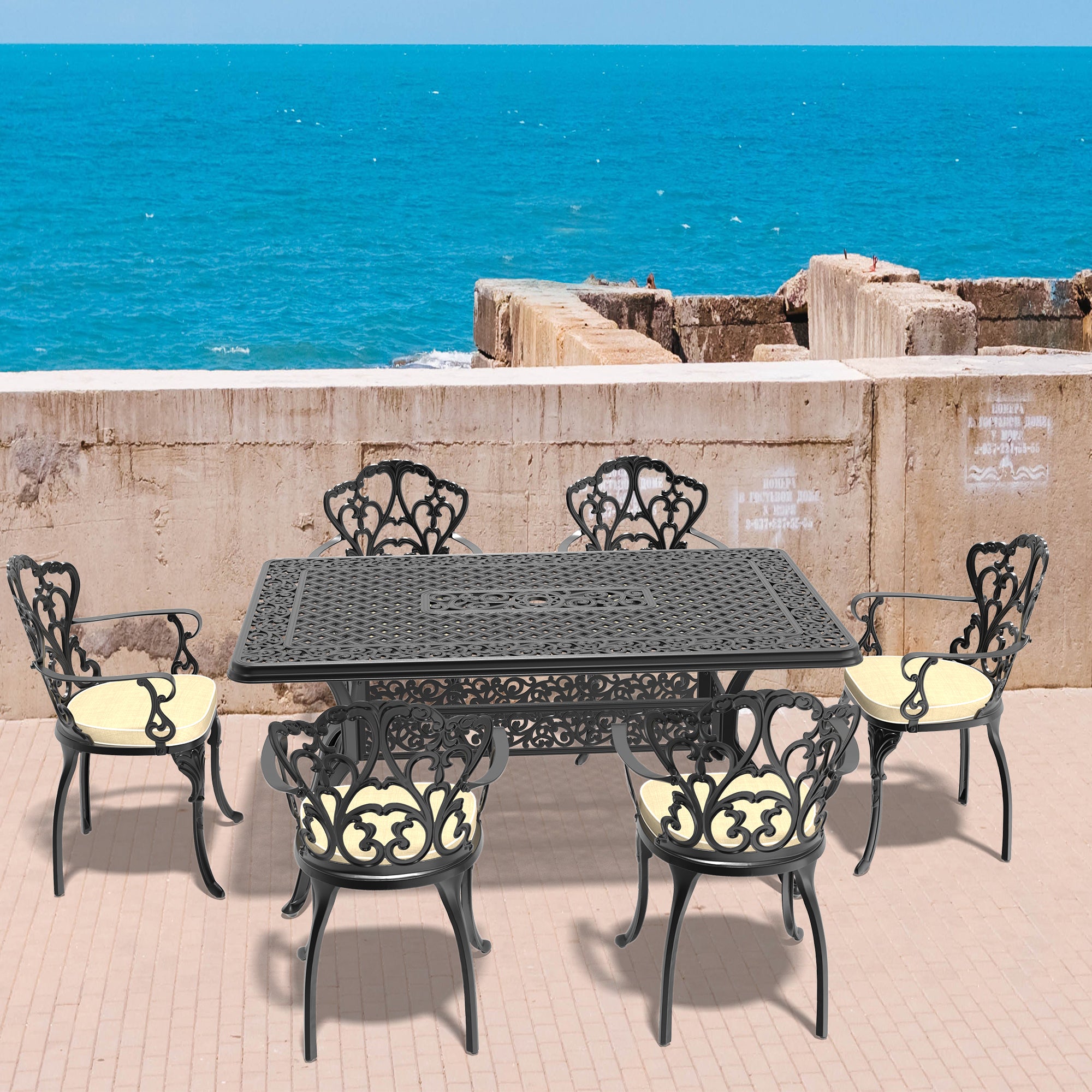 7-Piece Cast Aluminum Patio Furniture Set with Cushions - Outdoor Dining & Lounge Set in Random Colors - Perfect for Garden, Poolside & Backyard Relaxation (Item# W1710S00150)