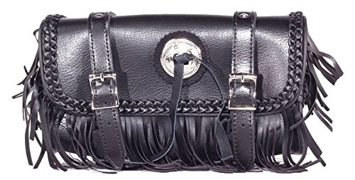 Motorcycle Tool Bag with Fringe, Braid & Concho - Durable Leather Storage for Biker Accessories & Repair Tools - Perfect for Harley, Cruiser & Chopper Riders