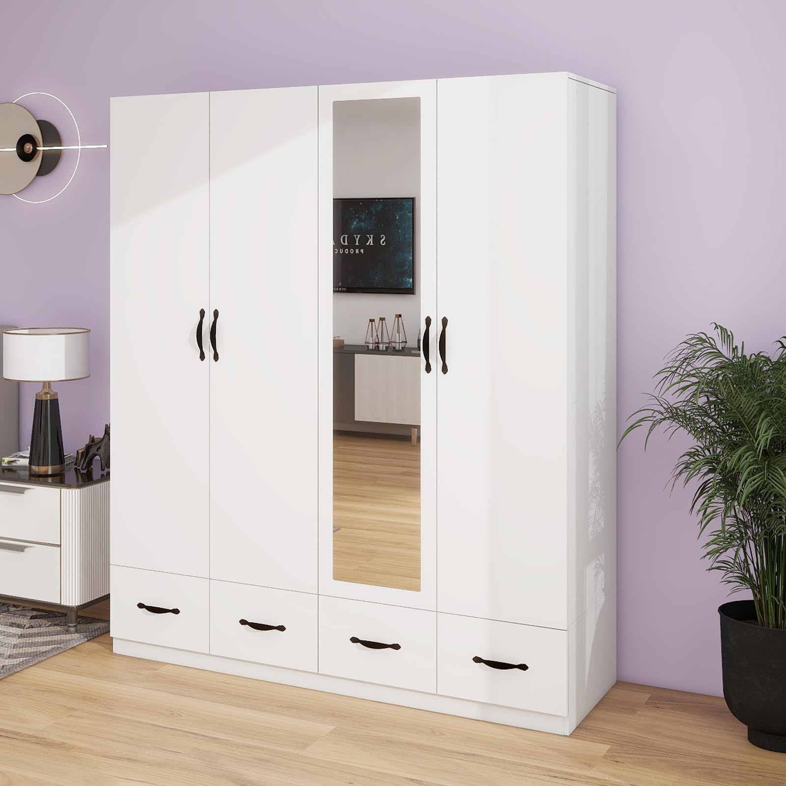 Tall 4-Door Wood Wardrobe Armoire with Mirror & 4 Drawers - Large Bedroom Closet Storage Cabinet for Hanging Clothes | Perfect for Master Bedroom, Guest Room & Dorm Organization (White)