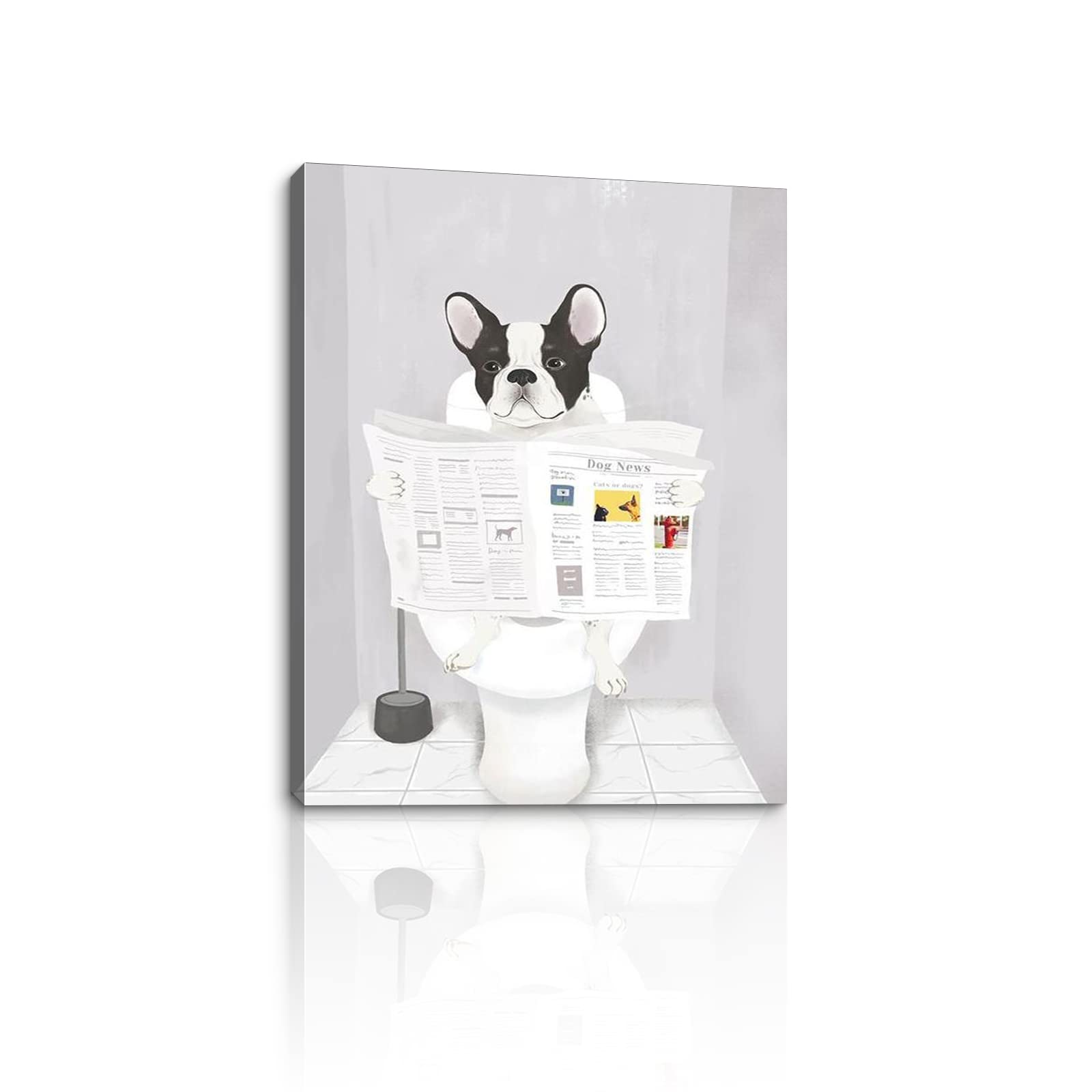 Funny Farm Dog Reading Newspaper Framed Canvas Wall Art - Black & White Bathroom Decor, Modern Giclee Animal Prints for Farmhouse, Toilet & Bathroom Wall Decor | Perfect for Home, Office & Gift Giving