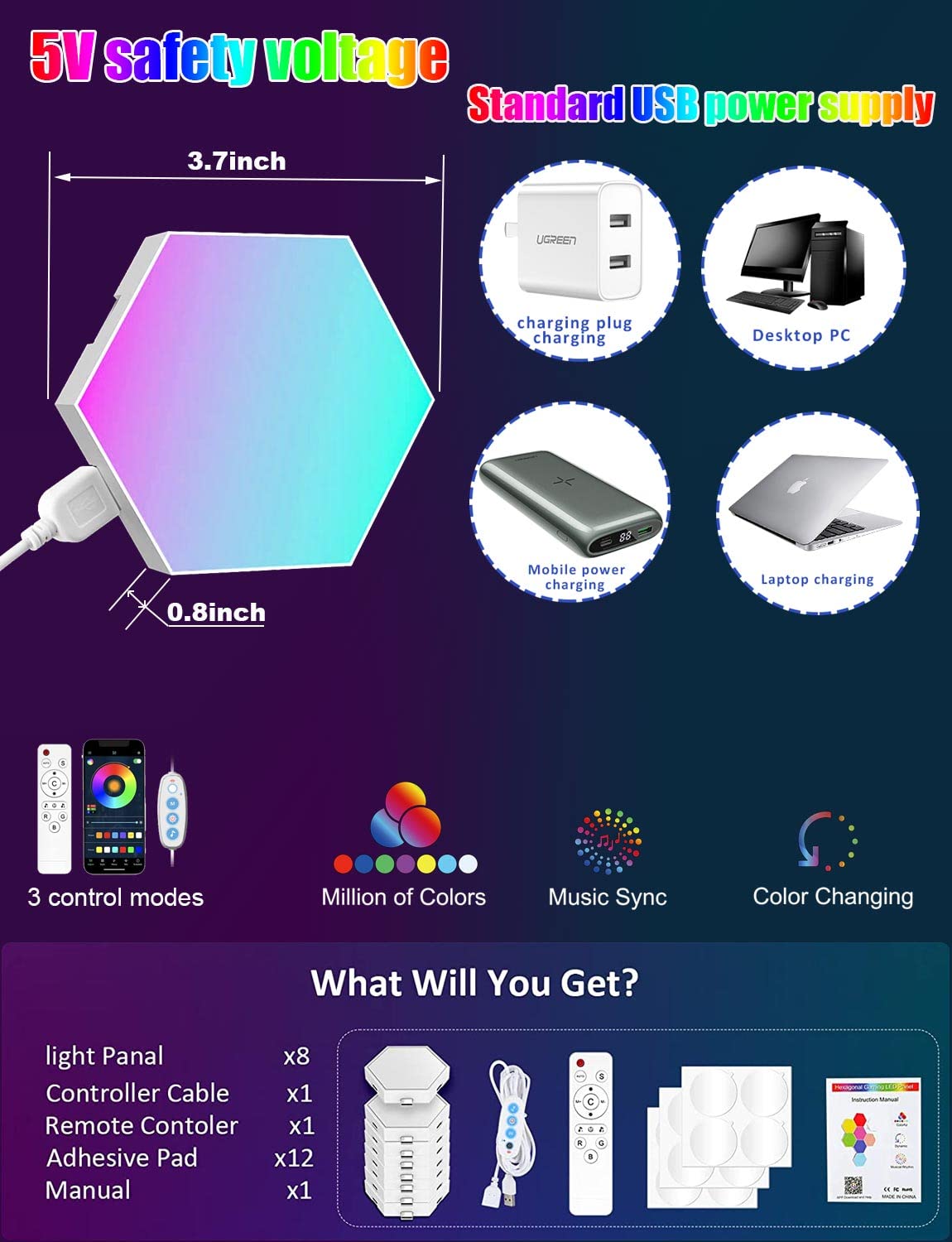 Selfila Music Sync DIY Hexagon Lights - Smart RGB Wall Light with App & Remote Control, Hexagonal Modular Gaming LED Panels for Bedroom, Kids Room Decor (8 Pack) - Perfect for Gaming Setups, Party Lighting & Home Decoration