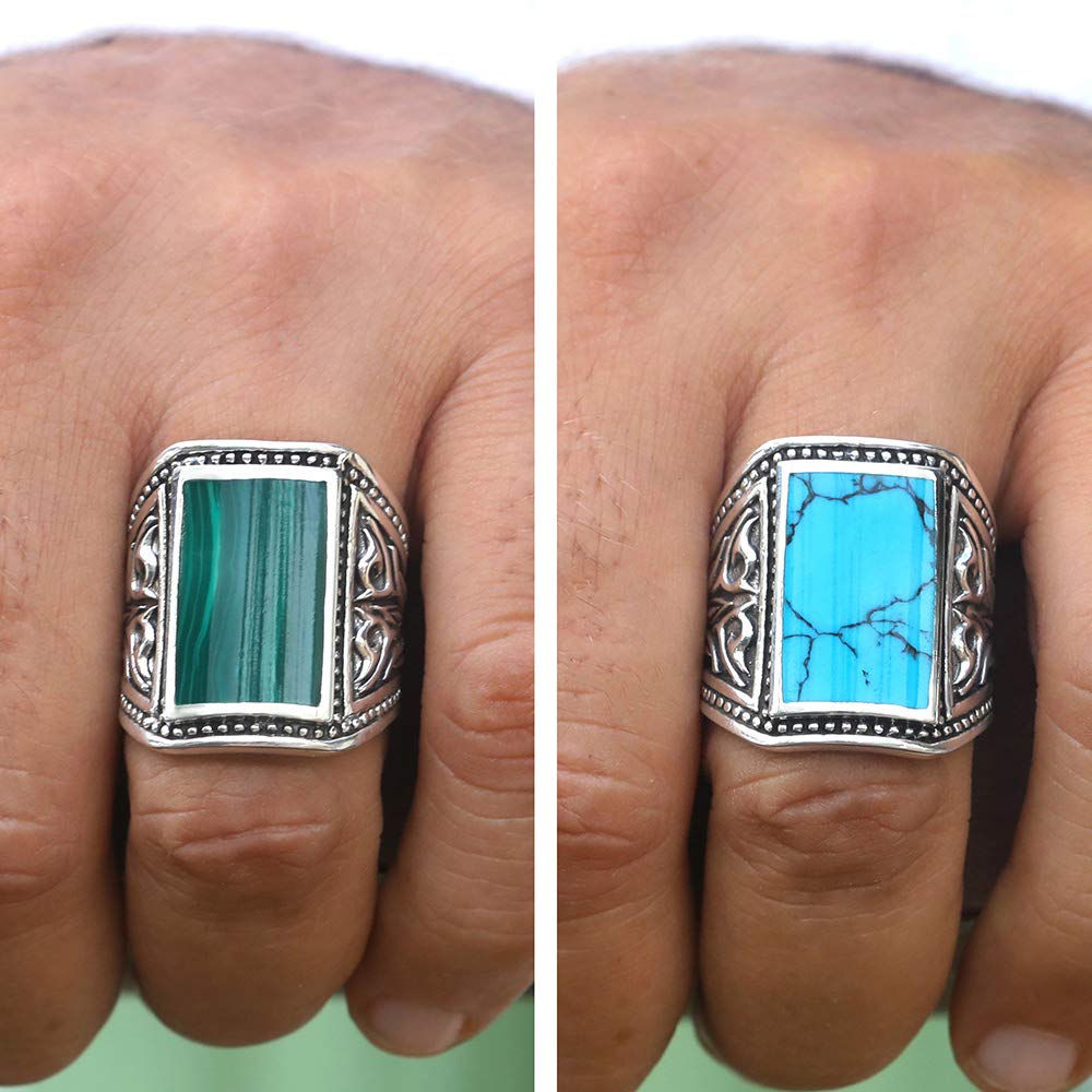 VY JEWELRY Malachite or Turquoise 925 Sterling Silver Ring for Men - Handmade Gemstone Ring Size 8-14 - Perfect for Gifts, Weddings & Everyday Wear