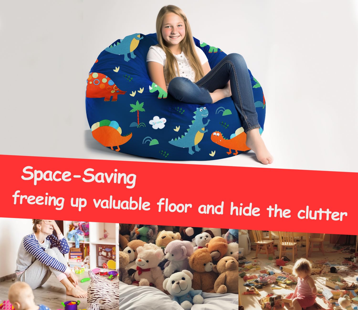 Soft Cotton Canvas Stuffed Animal Storage Bean Bag Chair with Zipper - No Filler Toy Organizer for Kids | Perfect for Playroom, Bedroom & Nursery Organization