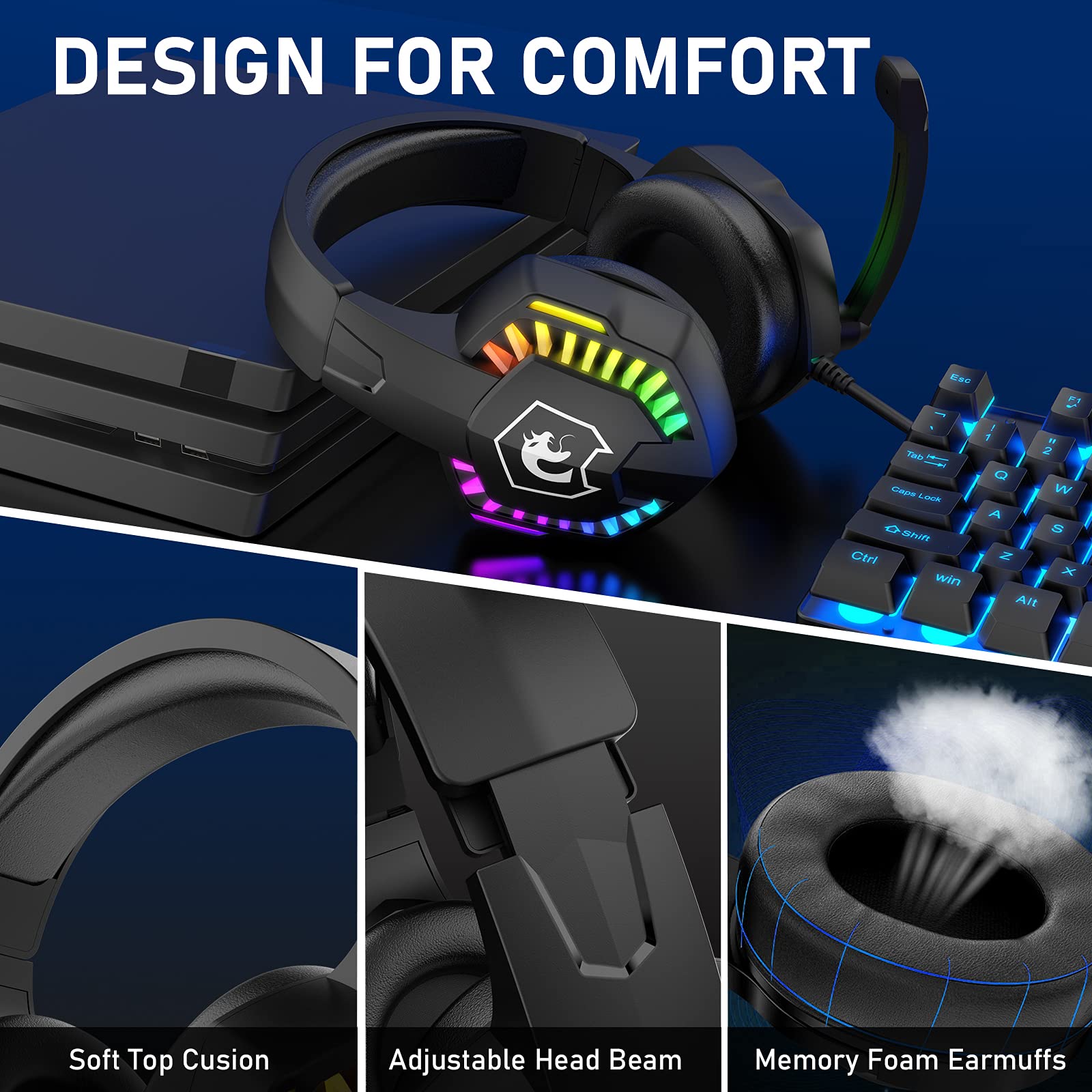 RGB Gaming Headset with Noise-Canceling Mic - Stereo Sound, Deep Bass & Memory Foam Earcups - Wired Over-Ear Headphones for PS5, Xbox Series X/S, Switch, PC, Mac - Perfect for FPS, Streaming & Music (Black)