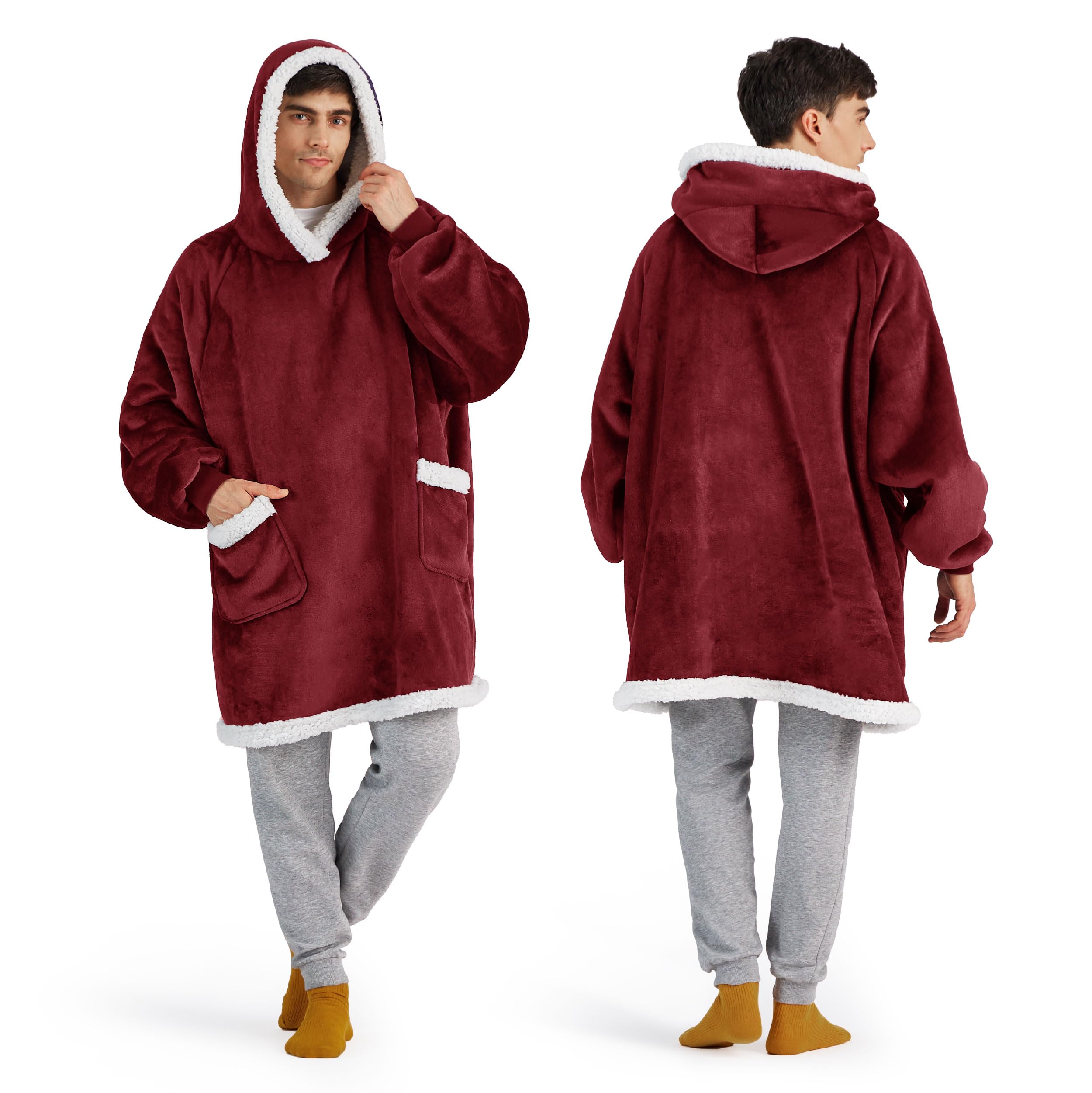Bedsure Wearable Blanket Hoodie for Adults & Kids - Oversize Burgundy Cozy Gift for Women, Men, Mom on Mother's Day, Birthday - Perfect for Lounging, Movie Nights & Camping