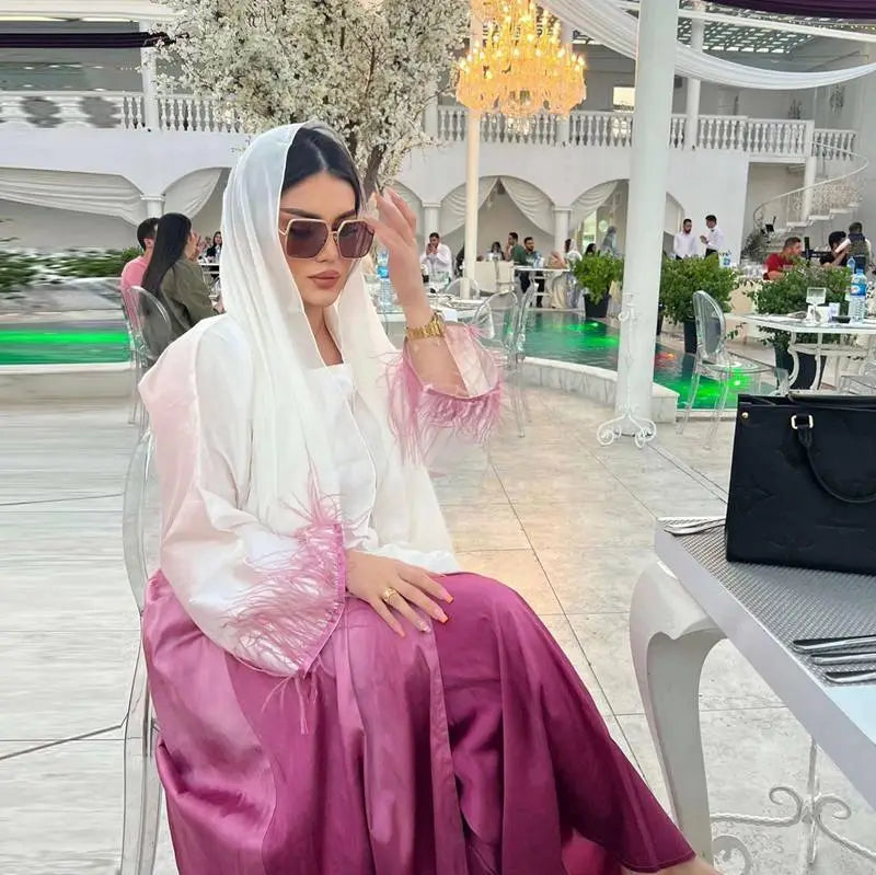 2 Piece Set Color Gradient Satin Open Abaya Dress with Inner Sleeveless Dress - Elegant Muslim Women's Prayer Dress for Eid, Ramadan & Special Occasions