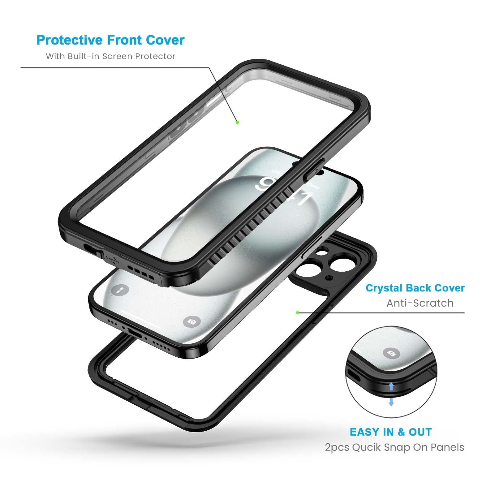Lanhiem iPhone 15 Plus Case [6.7 inch] - IP68 Waterproof, Dustproof & Shockproof Protective Cover with Built-in Screen Protector | Full Body 360 Protection | Perfect for Outdoor Activities, Hiking & Extreme Sports (Black)