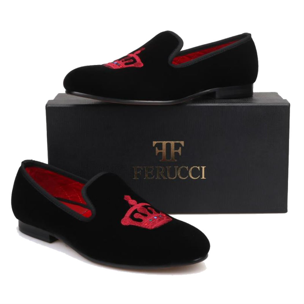 FERUCCI Handmade Men's Black Velvet Loafers with Burgundy Crown - Luxurious Velvet Slippers for Men - Perfect for Home, Lounge & Special Occasions