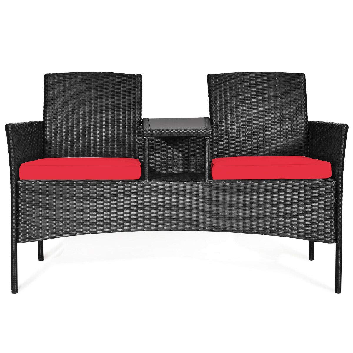 Relax4Life Outdoor Rattan Wicker Conversation Set with Coffee Table & 2 Removable Cushion Chairs - Patio, Garden, Balcony, Lawn Furniture for Porch, Backyard & Poolside (Black & Red)