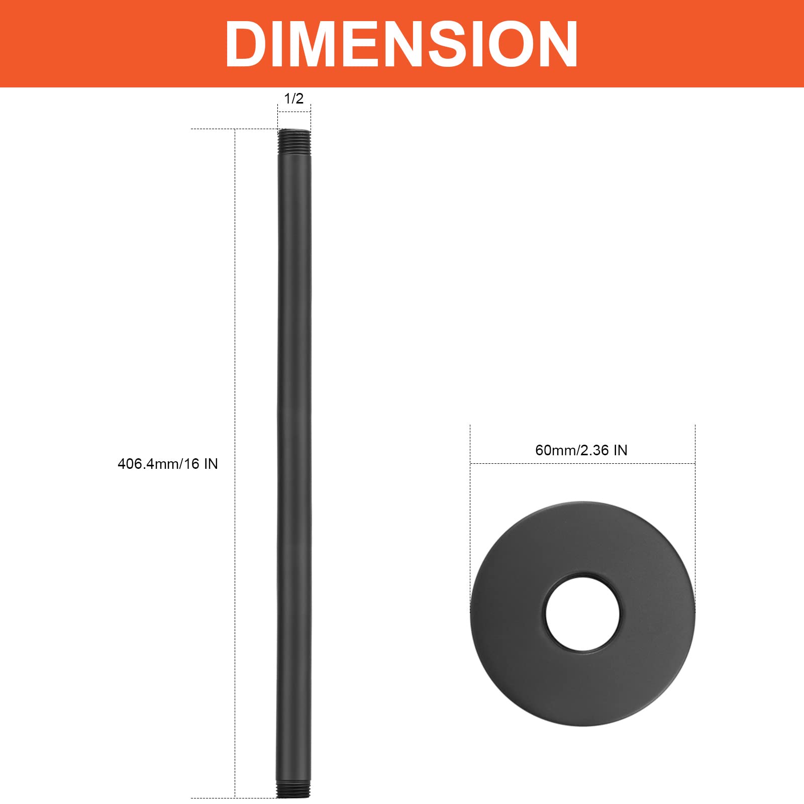 HarJue 16 Inch Matte Black Stainless Steel Ceiling Mount Shower Arm - Rain Shower Extension with Flange & Teflon Tape for Fixed Shower Heads | Bathroom Upgrade for Modern & Spa-Like Showers