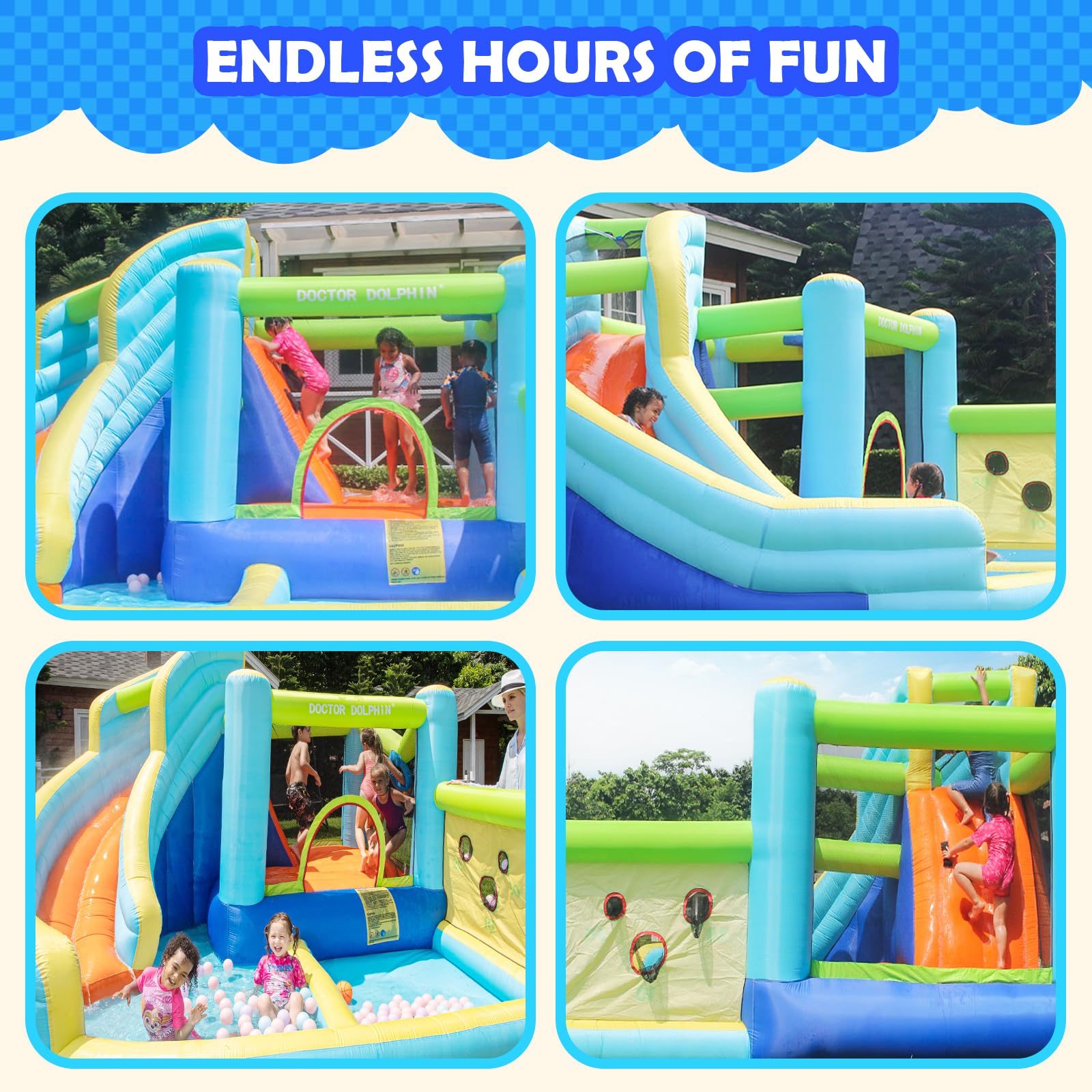**Doctor Dolphin Inflatable Bounce House with Water Slide for Kids - Outdoor & Indoor Water Park Play Set with Blower, Perfect for Backyard Parties, Summer Fun, and Family Gatherings**